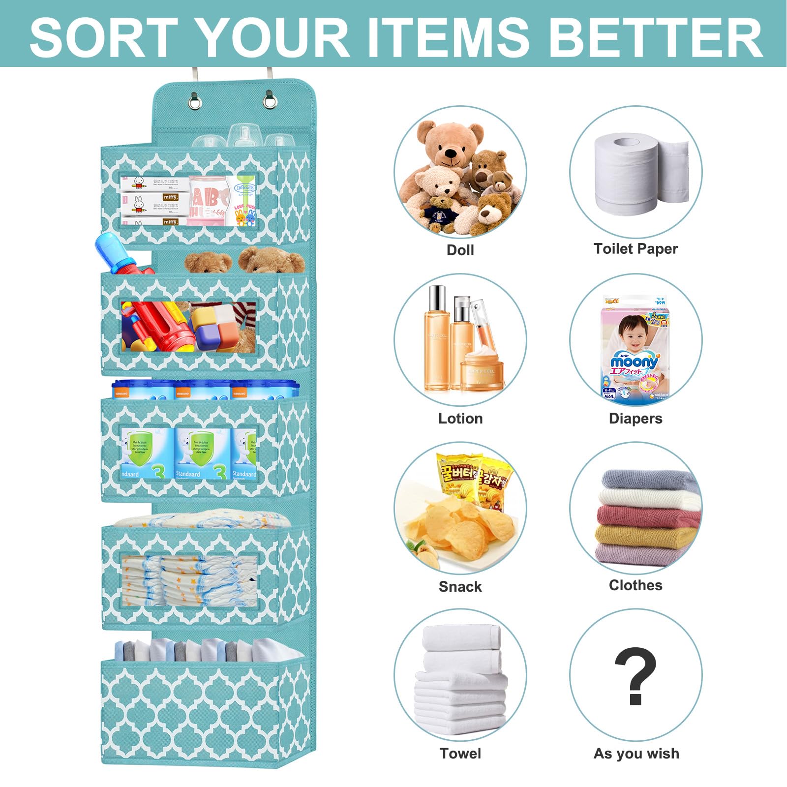 Over the Door Hanging Organizer with 5 Pockets - Baby Clothes & Diaper Storage for Nursery, Closet, Bathroom & Kitchen | Space Saving 12.2