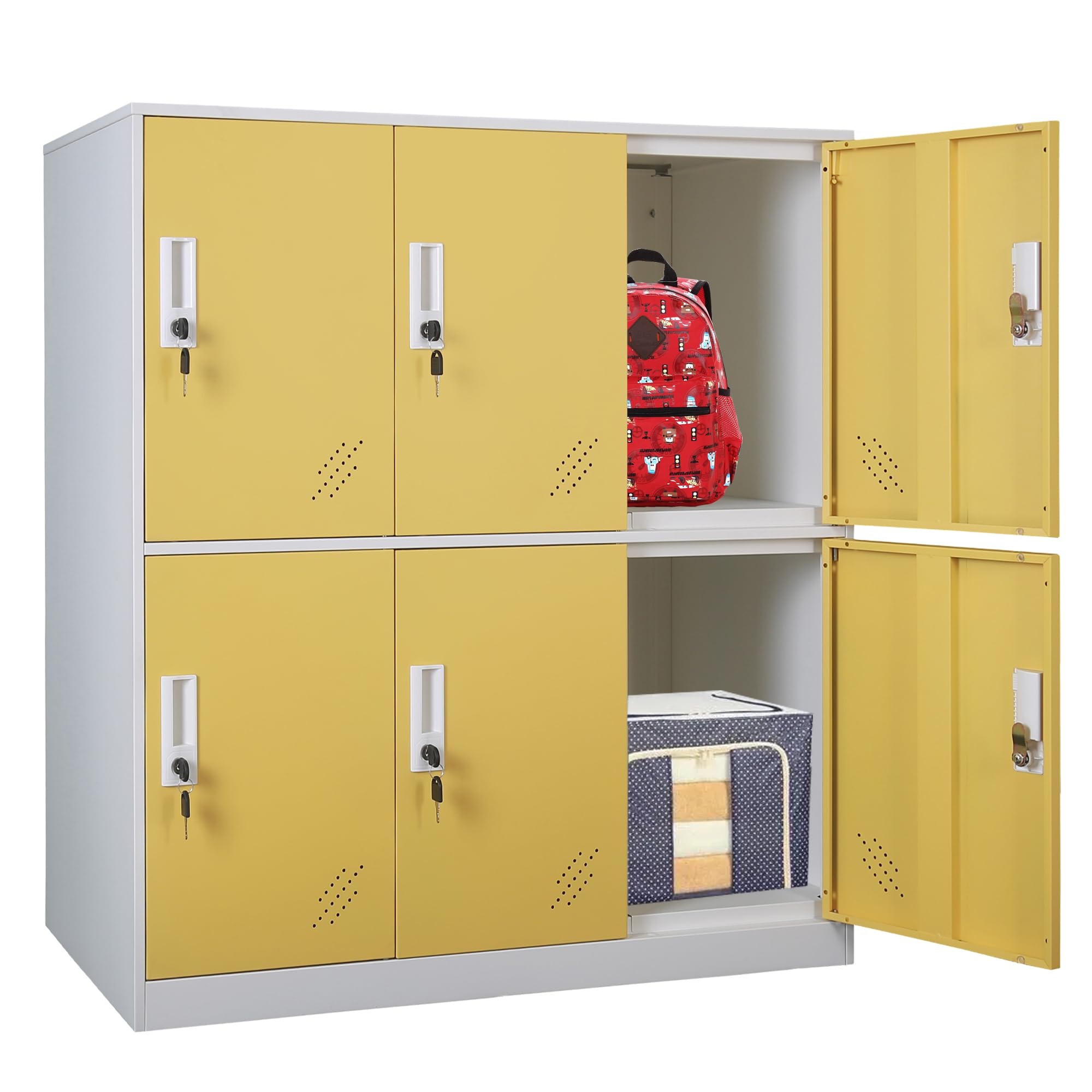 MECOLOR 6-Door Lockable Metal Locker Storage Cabinet with Organizers - Steel Storage Cabinet for Office, Home, Bedroom & Gym - Yellow - Perfect for School, Garage, Warehouse & Locker Room Organization