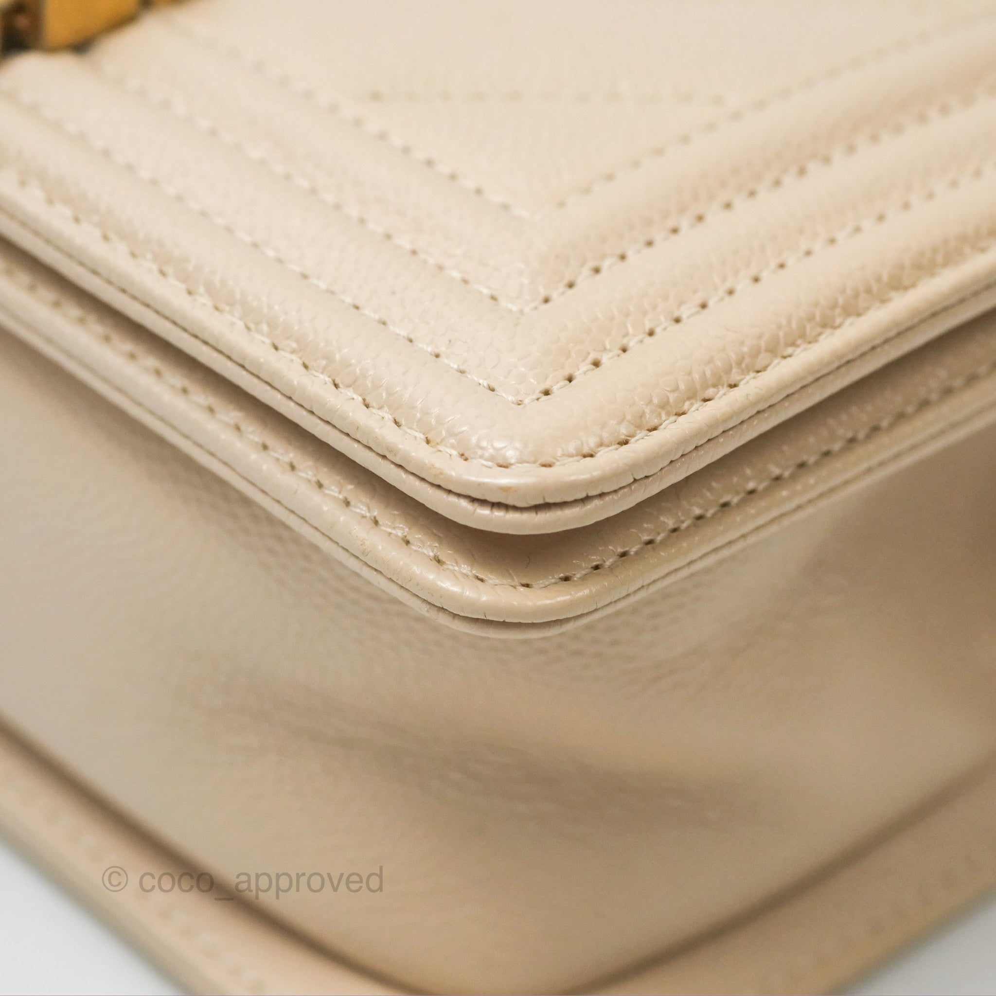 Chanel Chevron Small Boy Bag in Cream Ivory Caviar Leather with Aged Gold Hardware - Perfect for Luxury Fashion & Everyday Elegance