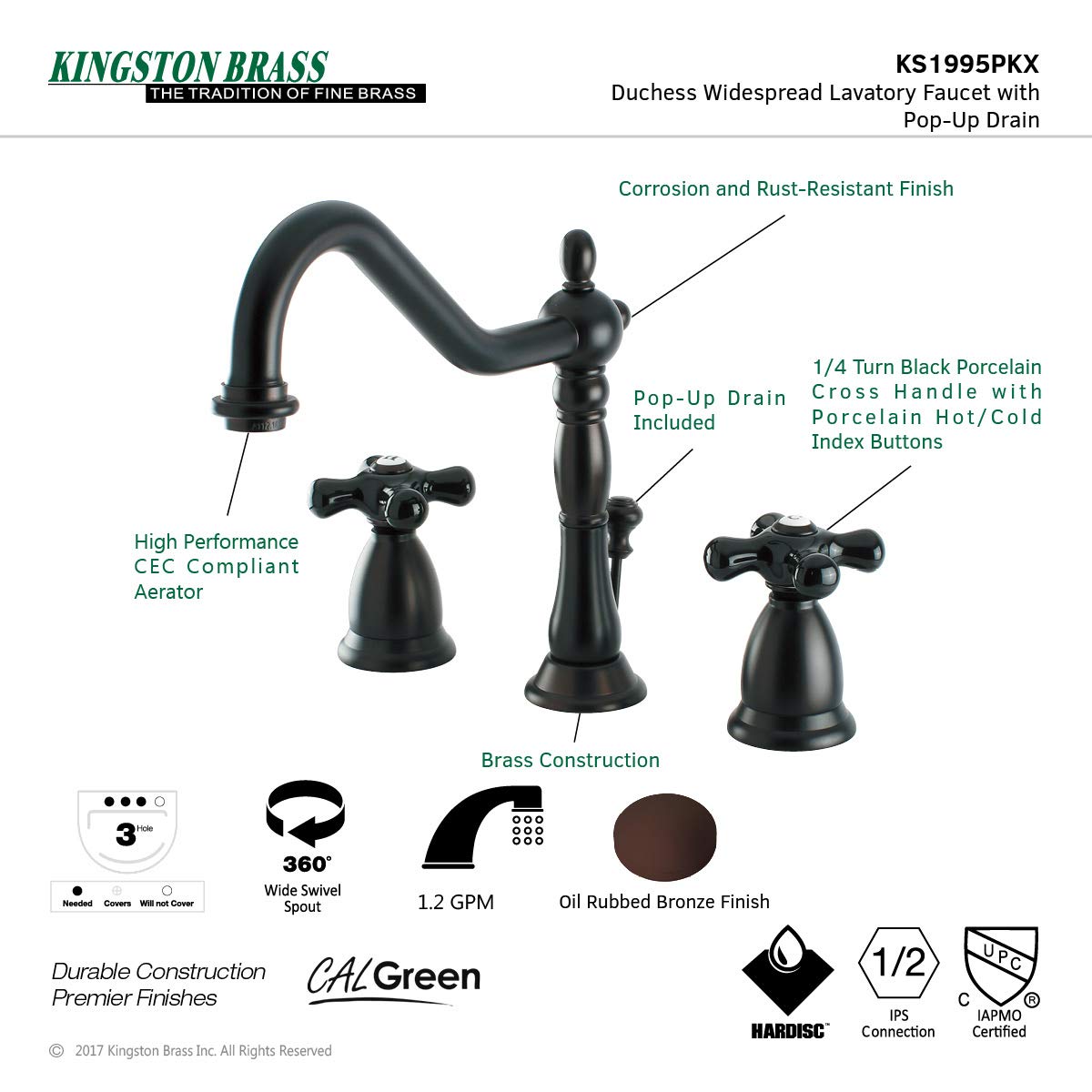 Kingston Brass KS1995PKX 8.5-Inch Widespread Bathroom Faucet in Oil Rubbed Bronze - Perfect for Modern Vanities & Luxury Bathroom Renovations