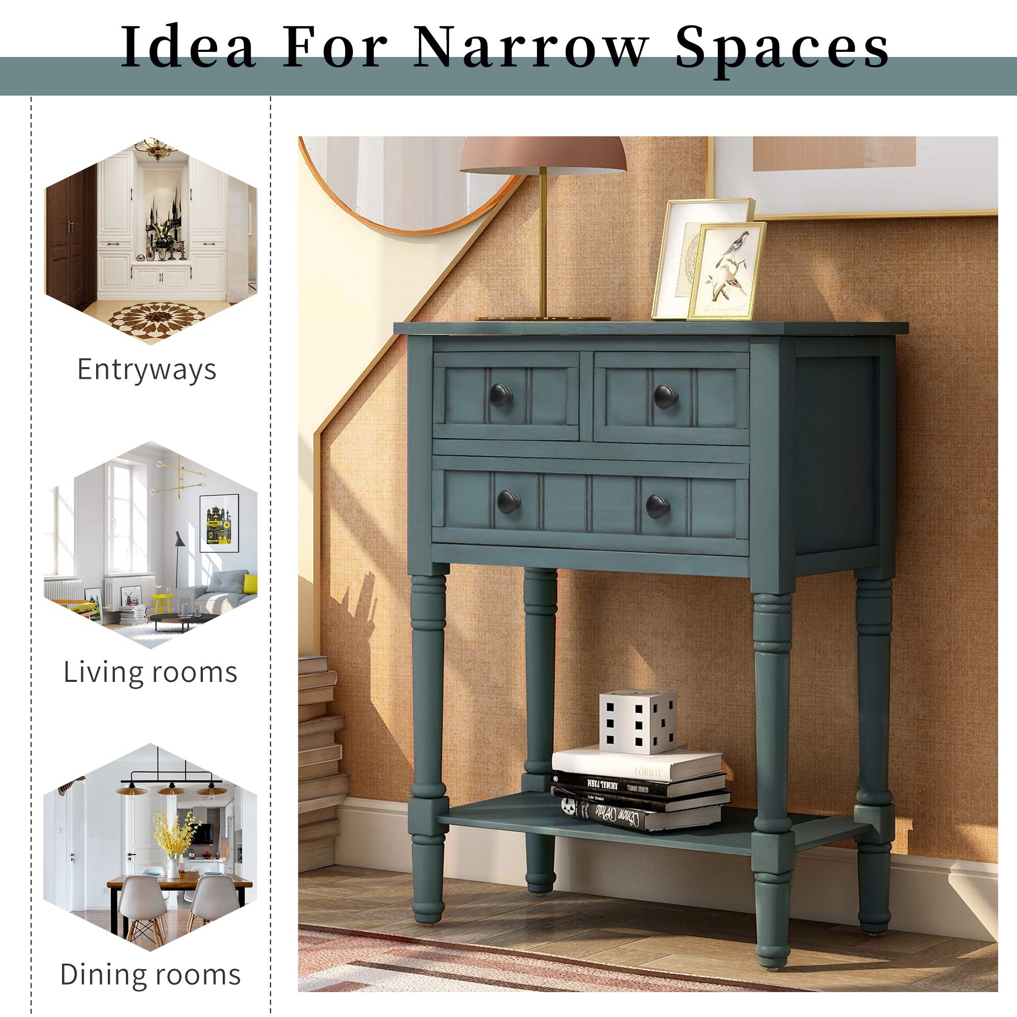 Merax Navy Classic Wood Console Table - Entryway Hallway Sideboard with Storage Drawers & Bottom Shelf - Perfect for Living Room, Bedroom, or Office Decor
