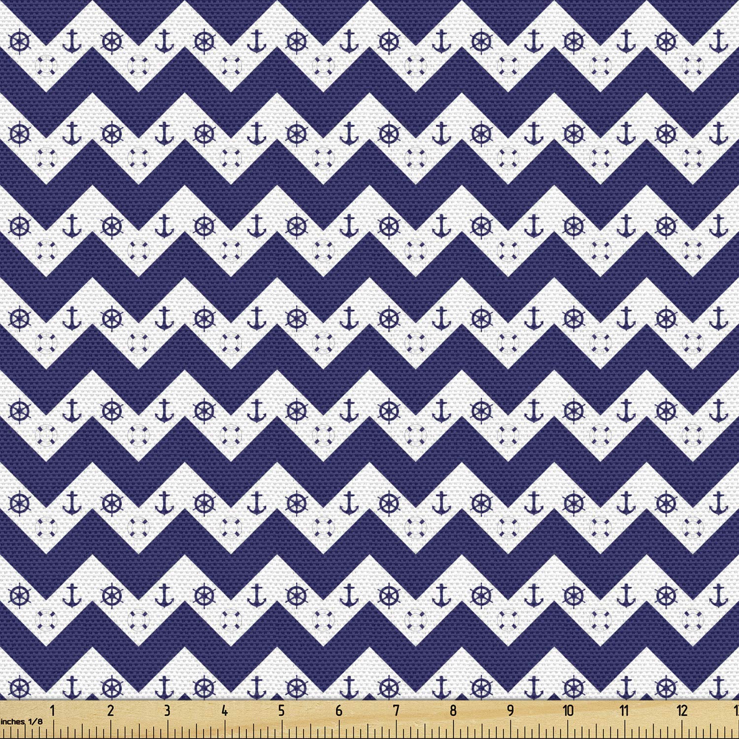 Lunarable Geometric Fabric by The Yard - Zig Zag Chevron Design with Anchor Dots Print, Navy Blue Upholstery Fabric for Sofa, Curtains & Home Decor (10 Yards) | Perfect for DIY Pillows, Table Runners & Craft Projects