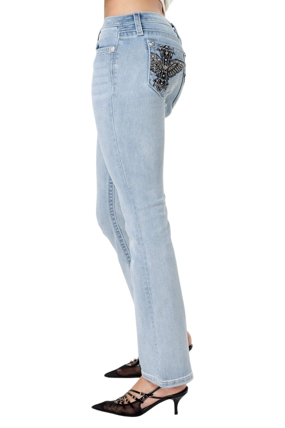 Miss Me Women's Ethereal Wings Stitch Low-Rise Bootcut Jeans - Stylish & Comfortable Denim Pants for Casual Wear & Night Out