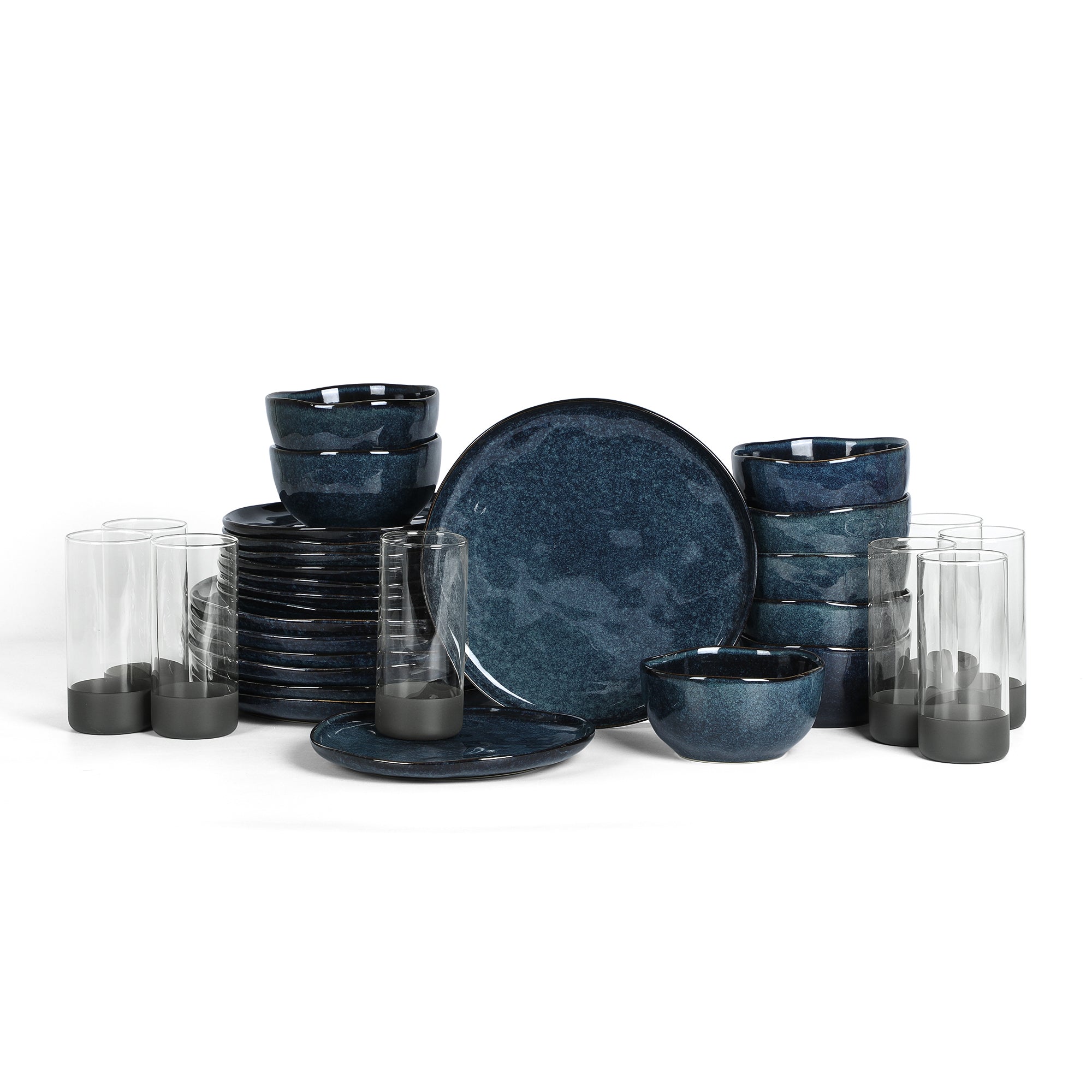Stone Lain Mirella Stoneware 16-Piece Dinnerware Set with Glasses - Elegant Blue Ceramic Plates, Bowls & Cups for Everyday Dining & Entertaining