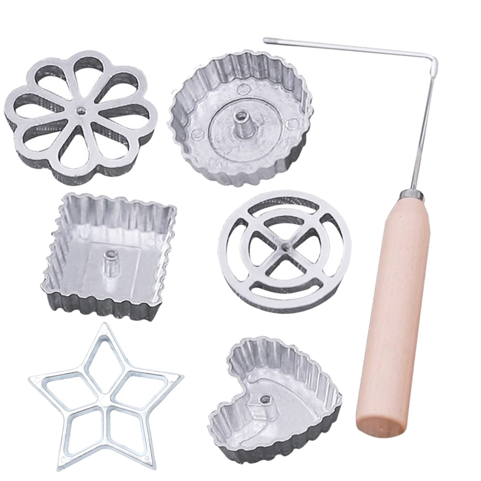 7-Piece Waffle Mold Set with Wooden Handle - 6 Unique Rosette & Timbale Designs with Lifting Tool - Perfect for Home Baking, Party Treats and Holiday Desserts