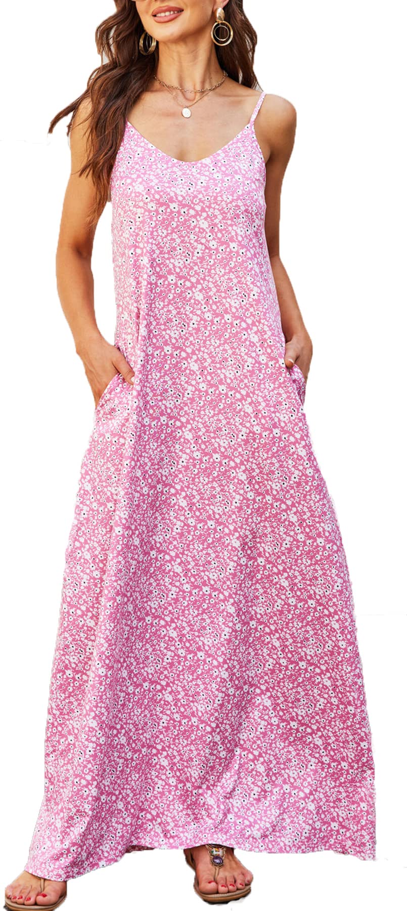 Bohemian Floral Print Women's Maxi Dress - Summer Casual Spaghetti Strap Long Dress with Pockets | Perfect for Beach Vacations, Music Festivals & Boho Chic Outfits