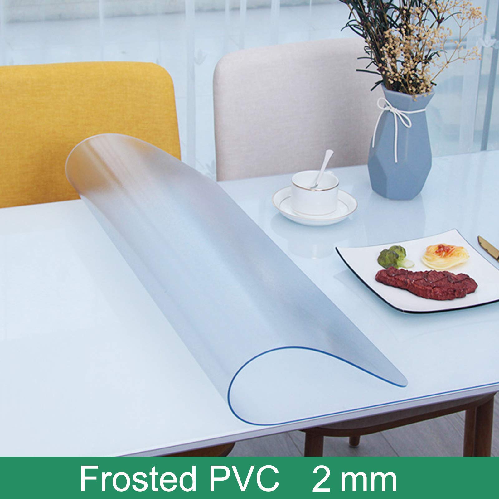 2mm Thick Heavy-Duty PVC Tablecloth - Clear Frosted Plastic Table Cover Protector with Rounded Corners (70x260cm/28x102in) for Dining Room, Kitchen, Party & Outdoor Use - Waterproof Floor Mat & Table Protector