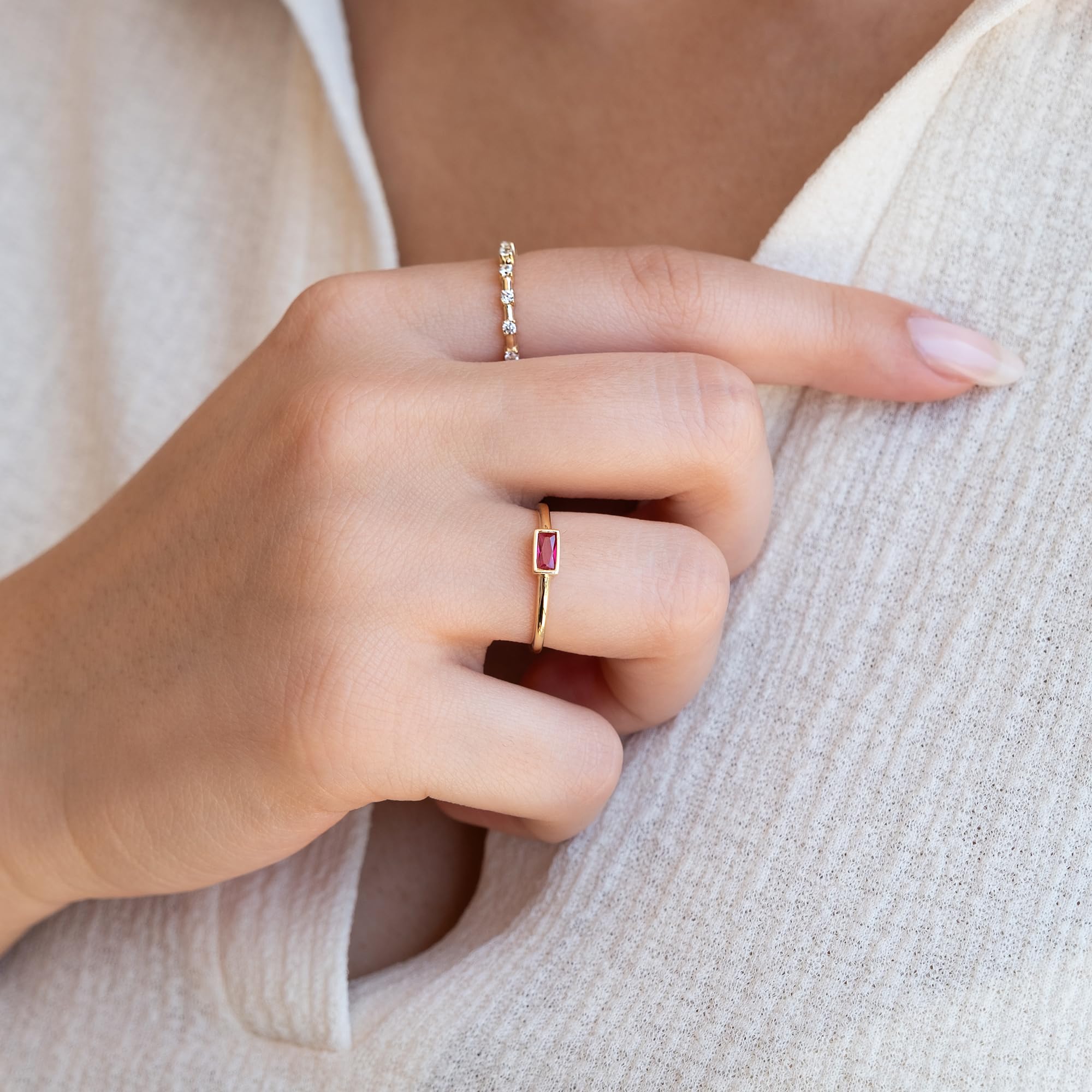 14K Solid Gold Ruby Ring for Women - Baguette Ruby Ring, Minimalist Red Ruby Ring, Stacking Ring, July Birthstone Jewelry | Elegant Gift for Her, Perfect for Weddings, Anniversaries & Special Occasions