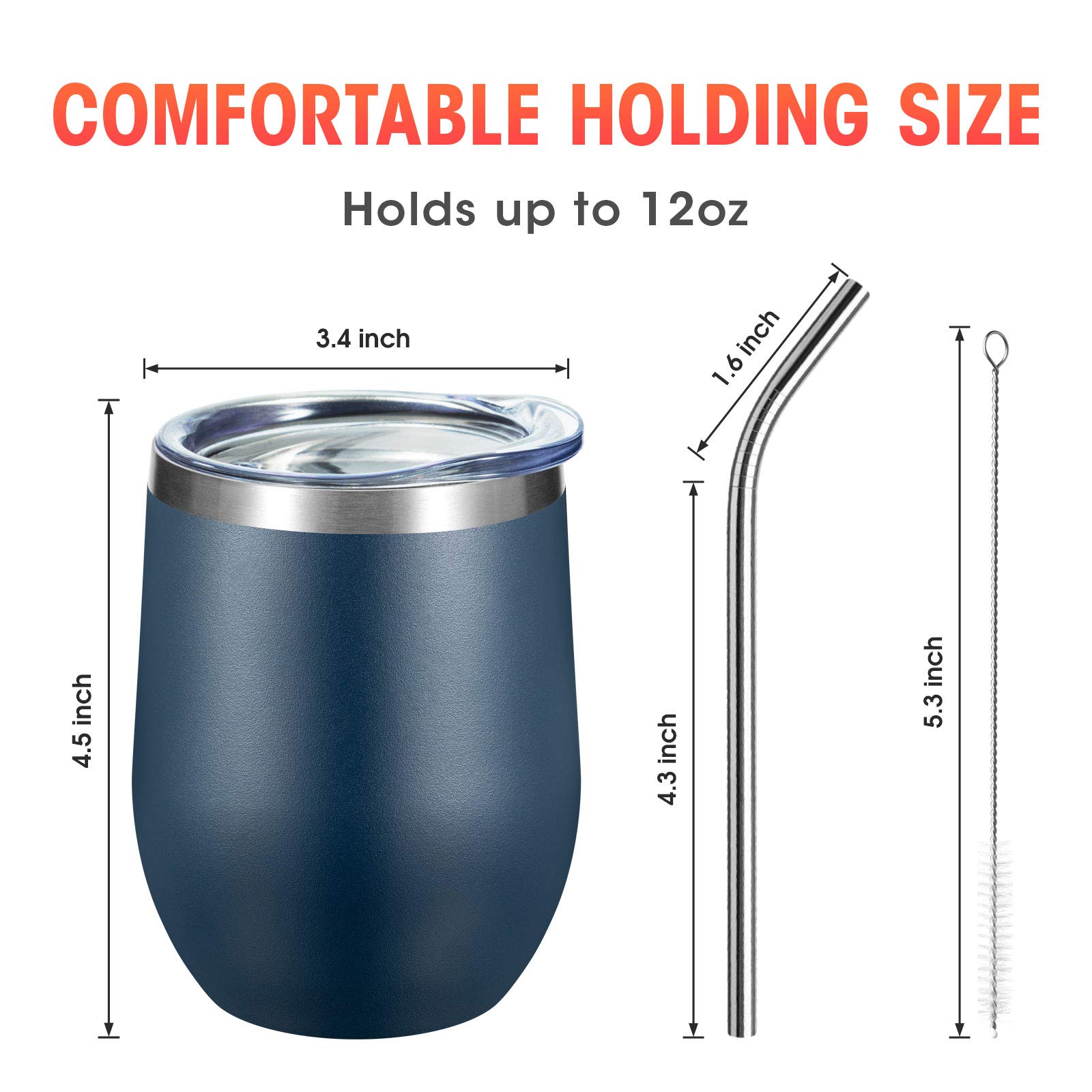 12 Pack Stainless Steel Wine Tumblers with Lid & Straw - 12oz Double Wall Vacuum Insulated Stemless Wine Cups for Hot/Cold Drinks - Perfect for Coffee, Wine, Cocktails, Picnics & Outdoor Parties (Navy Blue)