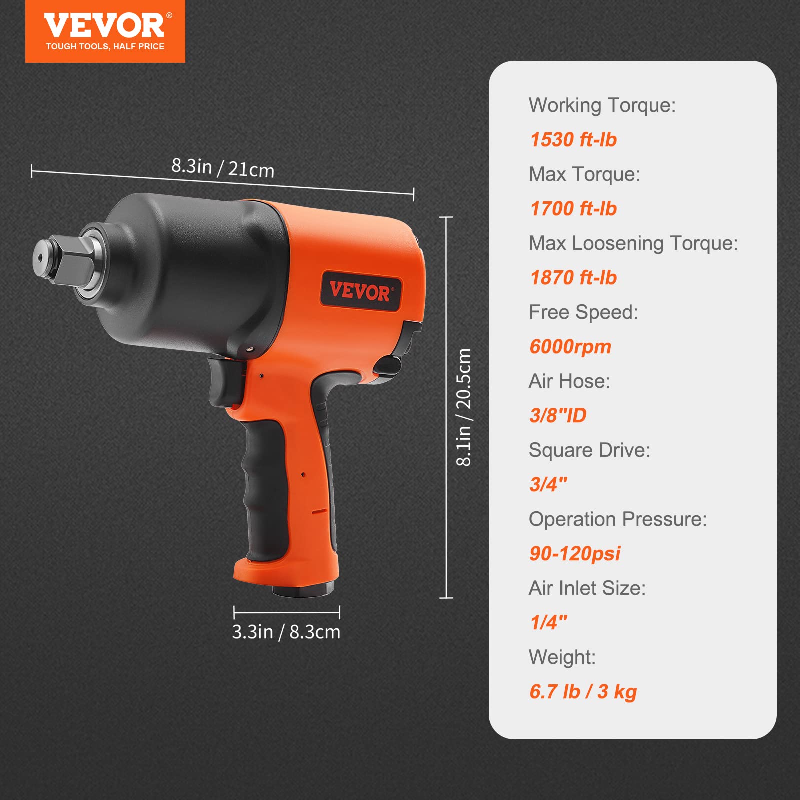 VEVOR 3/4-Inch Drive Air Impact Wrench - 1870ft-lbs Nut-Busting Torque, Heavy Duty Composite Pneumatic Impact Gun for Auto Repair, Tire Changes & Industrial Maintenance (Perfect for Mechanics & DIY Car Enthusiasts)