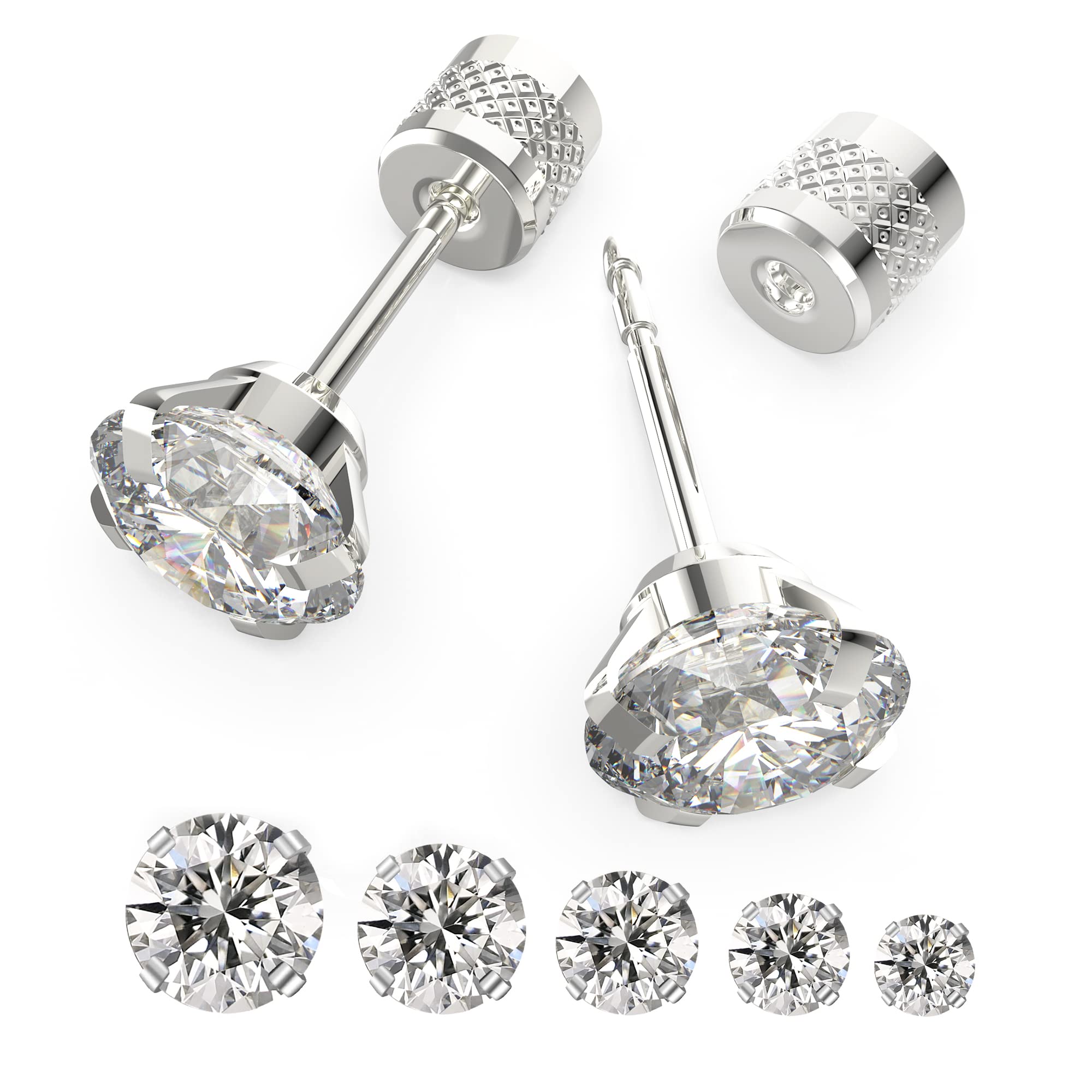Hypoallergenic Surgical Stainless Steel Cubic Zirconia Stud Earrings - 5-6 Pairs Flat Back Push-in Earrings Set for Women & Men (2-8mm) | Trendy Cartilage & Lobe Piercing Jewelry for Daily Wear, Parties & Gifts