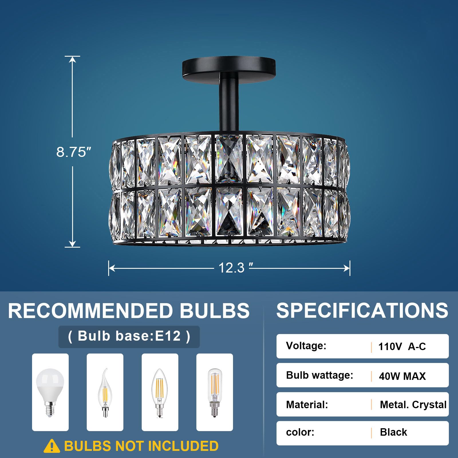 Crystal Farmhouse Drum Semi Flush Mount Ceiling Light Fixture - 12