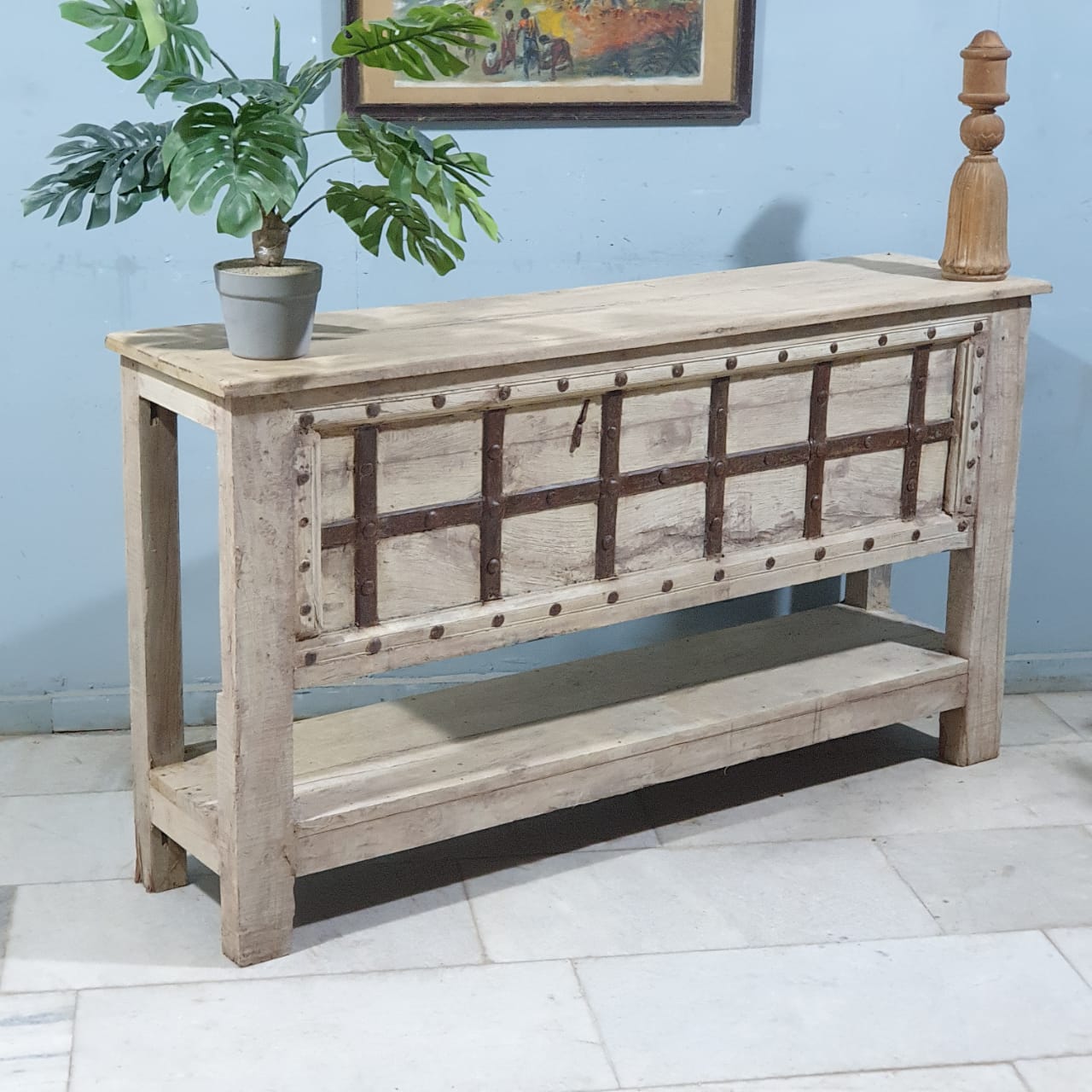 Handmade Carved Solid Hardwood Console Table with Iron Fittings - 64.5
