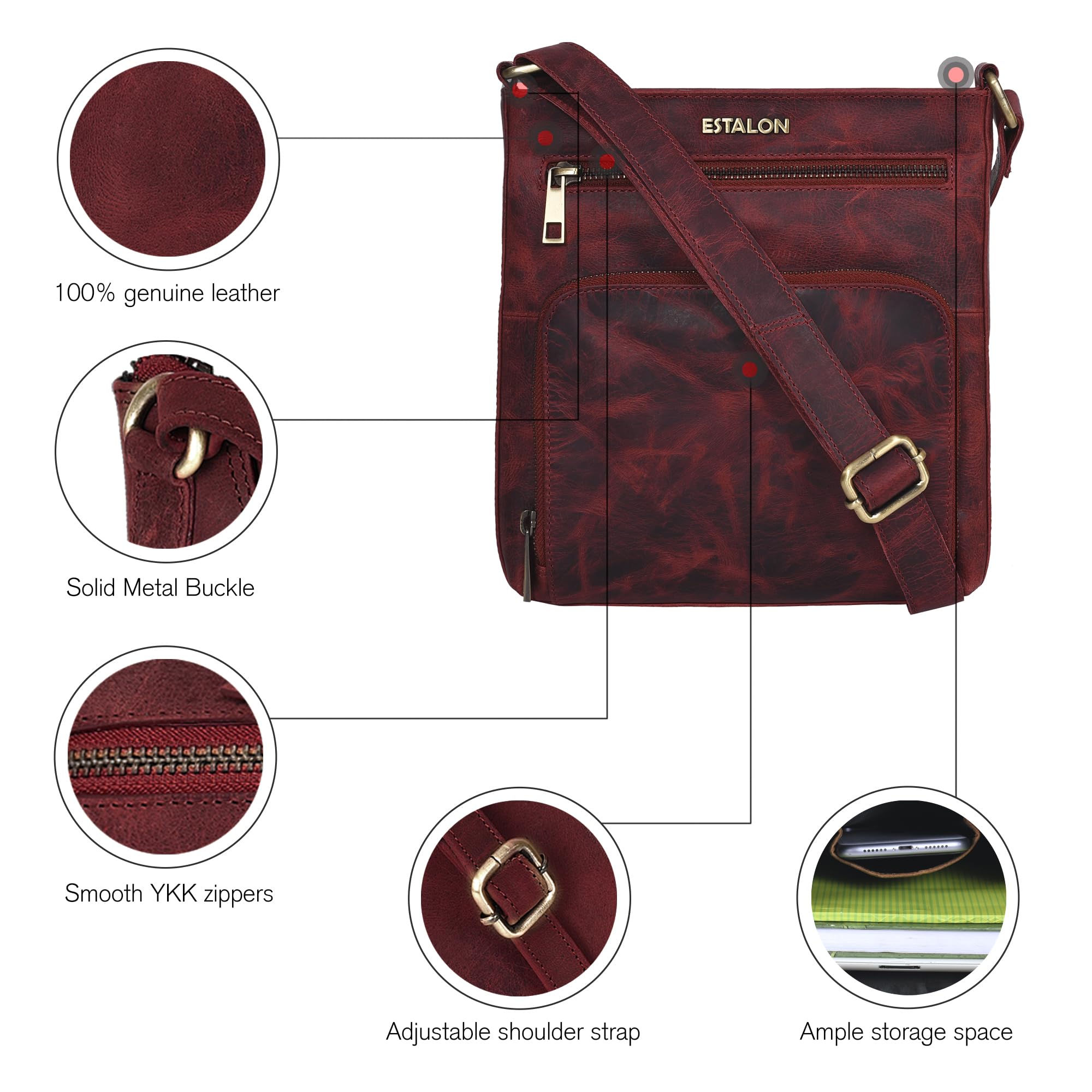 ESTALON Genuine Leather Crossbody Bag for Women - Adjustable Shoulder Strap, Medium Size Purse - Perfect for Work, Travel & Everyday Use