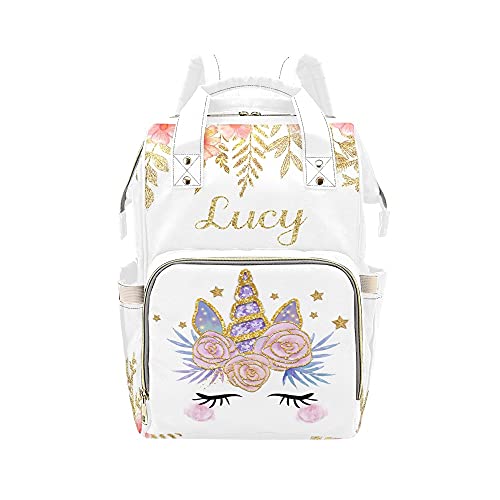 **Personalized Pink & Purple Unicorn Floral Diaper Backpack - Custom Name Mommy Nursing Bag, Baby Nappy Bag for Travel & Daily Use - Perfect Gift for Moms & Girls**    *(Ideal for daycare, outings, shopping, and stylish parenting on-the-go!)*