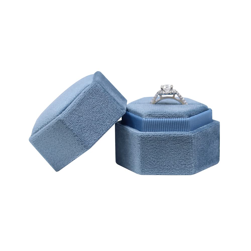 Hexagon Velvet Jewelry Box - Single Slot Ring Box for Engagement, Wedding & Bridal Keepsake - Ocean Blue - Perfect for Proposals, Anniversary Gifts & Photo Shoots