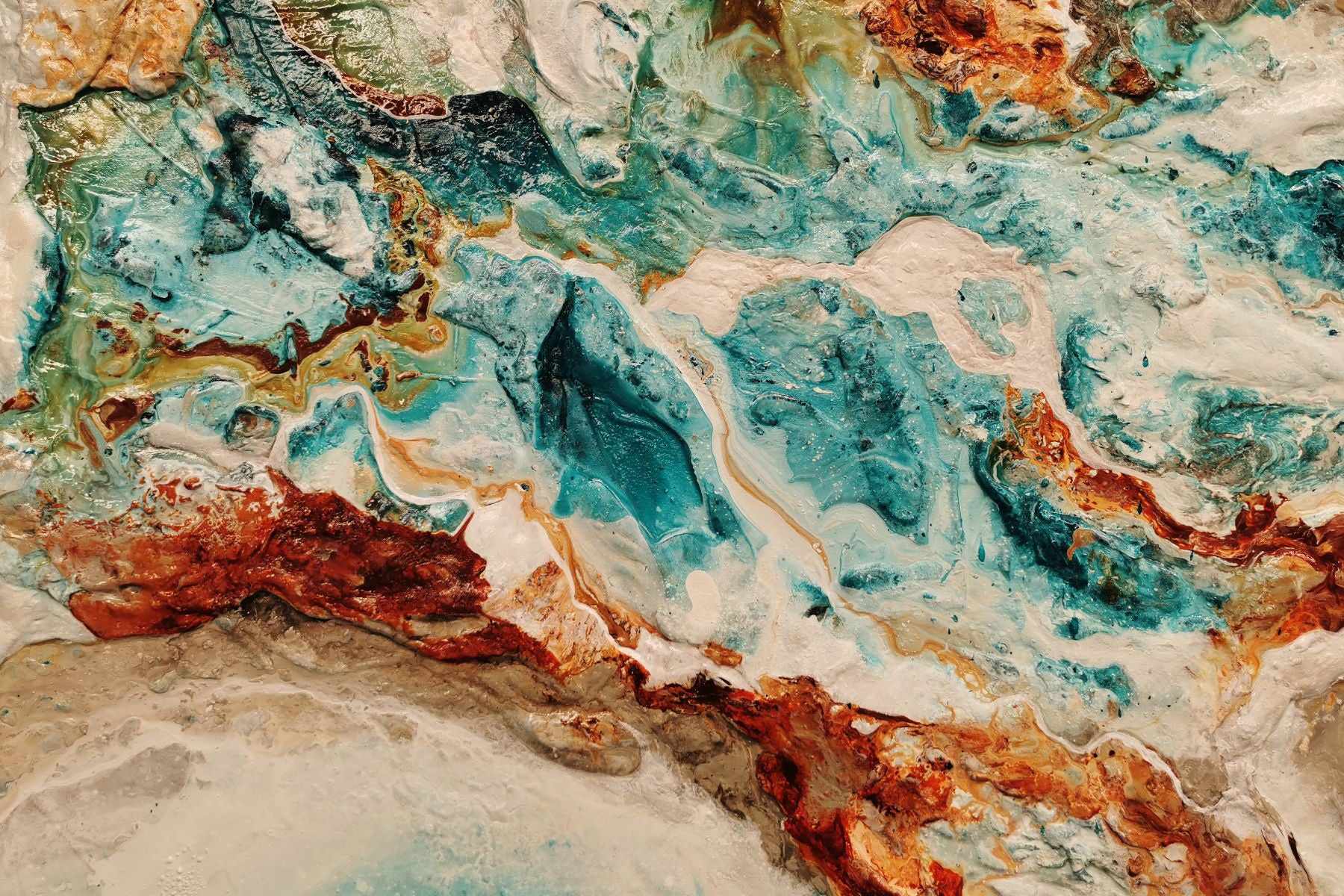 240cm x 120cm Turquoise Rust White Abstract Ocean Wave Textured Canvas Wall Art - Modern Coastal Decor for Living Room, Bedroom & Office