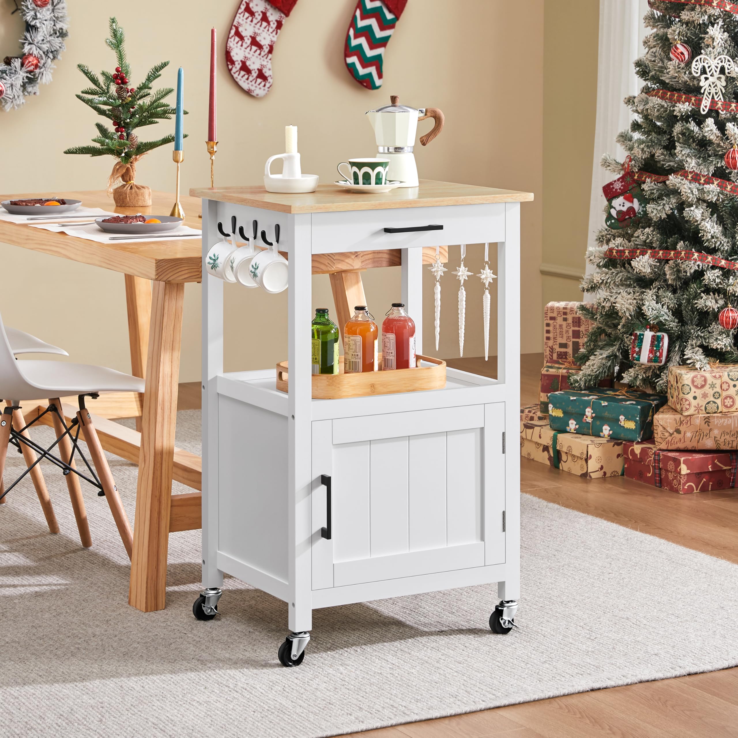 Yaheetech White Rolling Kitchen Island with Single Door Cabinet & Drawer - Mobile Kitchen Cart with Swivel Wheels, Coffee Bar & Microwave Stand - Perfect for Dining Room, Small Spaces & Apartment Living