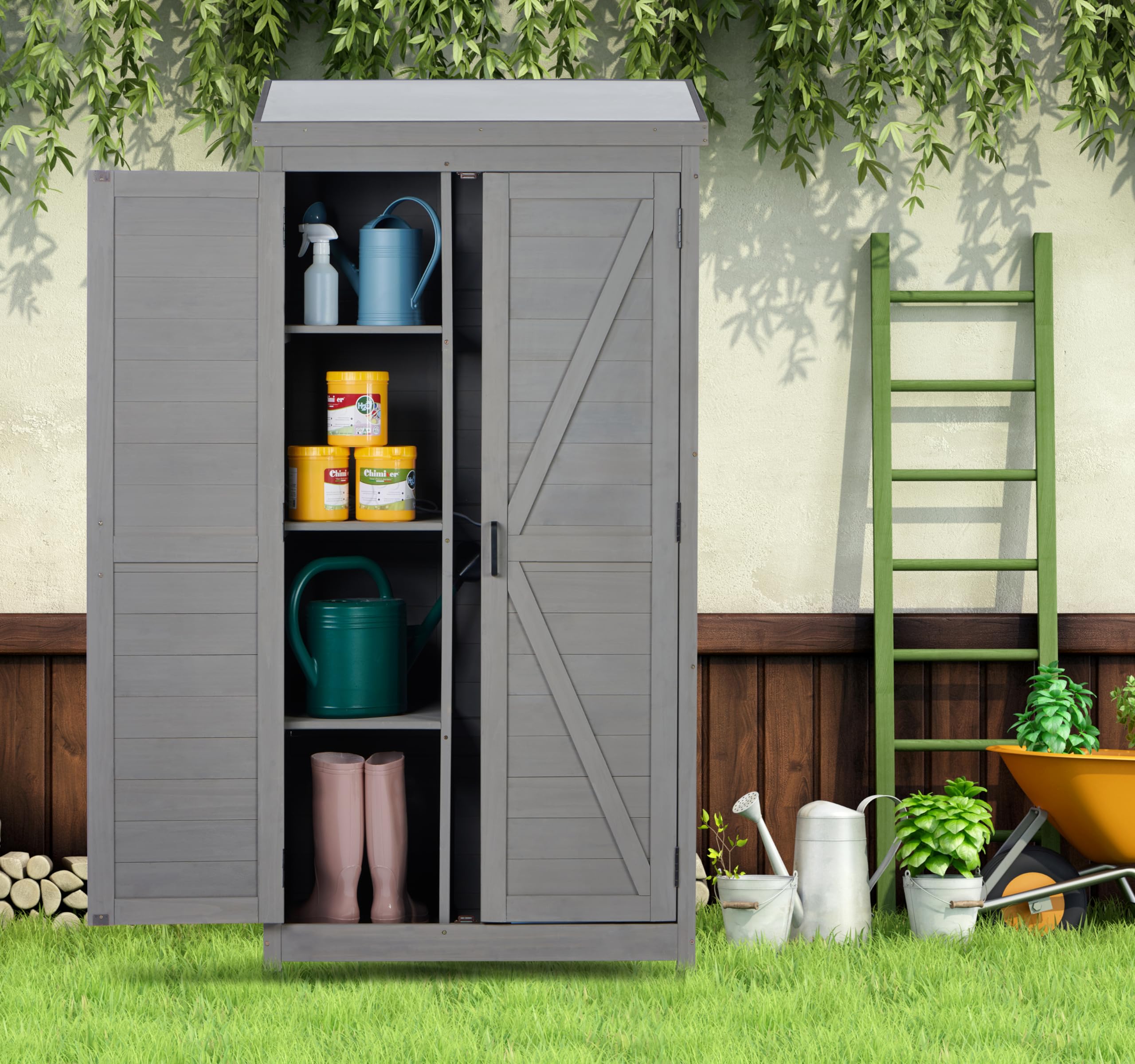 Outdoor Wooden Storage Shed with Metal Roof - Tall Vertical Tool Cabinet for Backyard, Garden, Patio & Lawn Organization | Perfect for Storing Gardening Tools, Lawn Equipment & Outdoor Supplies