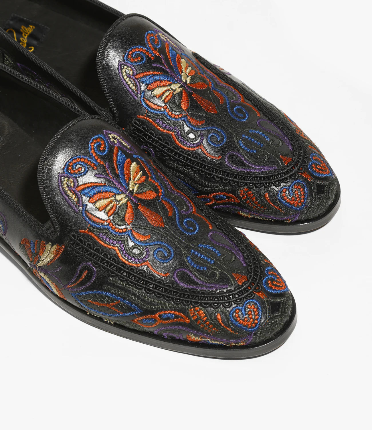 Black Leather Papillon Embroidered Slip On Shoes - Comfortable & Stylish Loafers for Women, Perfect for Casual Outings & Office Wear