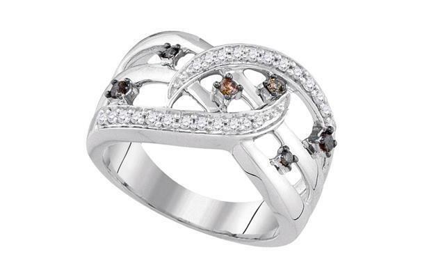 10K White Gold Brown Diamond Openwork Crossover Band Ring - 1/3 CTTW - Elegant Stackable Ring for Women, Perfect for Weddings, Anniversaries & Everyday Wear