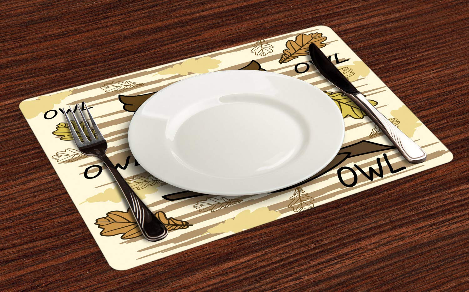 Ambesonne Owl Print Place Mats Set of 4 - Calligraphic Animal & Autumn Leaves Design - Washable Fabric Table Mats for Dining Room Decor - Standard Size (Dark Cocoa, Earth Yellow, Brown, Charcoal Grey) - Perfect for Fall Dinner Parties, Thanksgiving, and Cozy Autumn Tablescapes