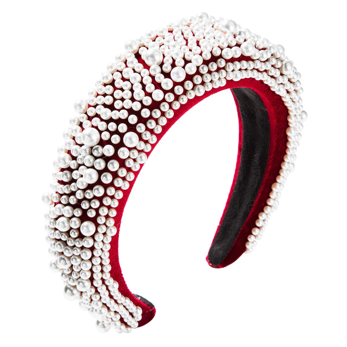 Women's Fashion Velvet Padded Headband with Pearl Embellishments - Vintage Boho Wide Hairband for Women & Girls (Red) | Perfect for Weddings, Parties & Everyday Style