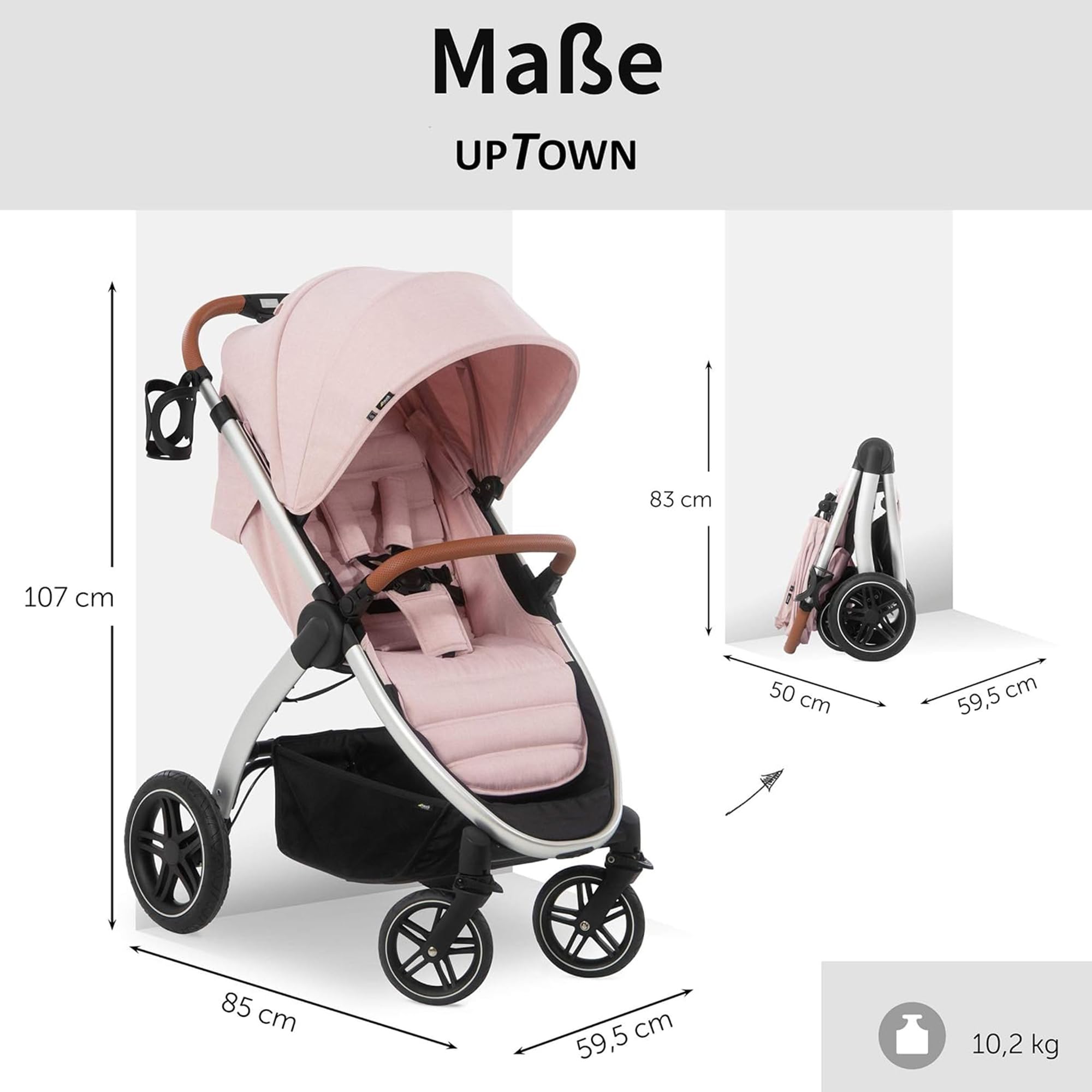 Hauck Uptown Deluxe Stroller - Lightweight Compact Foldable Baby Stroller with One-Hand Fold, Full Recline, Adjustable Handle Height & Cup Holder - Supports Up to 55 lbs - Melange Rose - Perfect for City Walks, Shopping & Travel