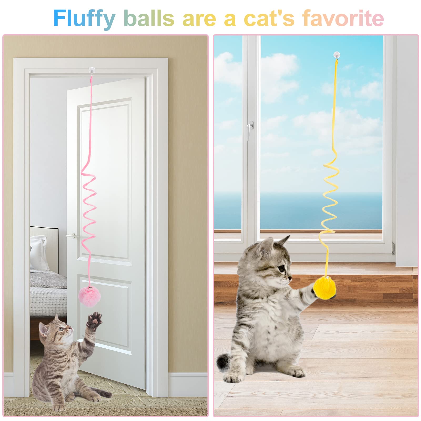 Fanshiontide 2 Pack Hanging Cat Toys with Bells - Interactive Plush Door Teaser Toys for Indoor Cats & Adult Cats - Pink & Yellow - Perfect for Hunting Exercise & Playtime Fun