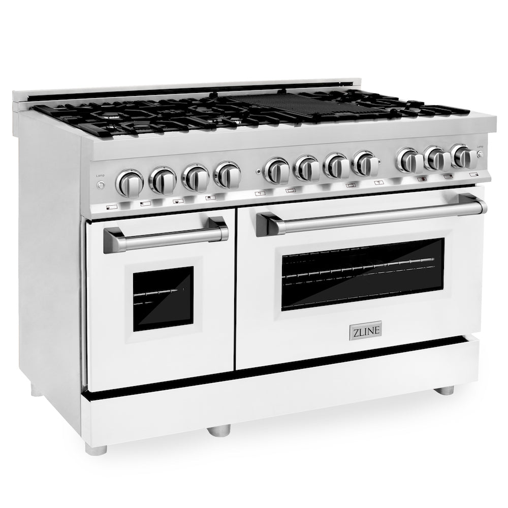 ZLINE 48-Inch 6.0 cu. ft. Dual Fuel Range with 7-Burner Gas Cooktop & 2 Electric Ovens - Stainless Steel with White Matte Doors (RA WM 48) - Perfect for Home Kitchens & Professional Chefs
