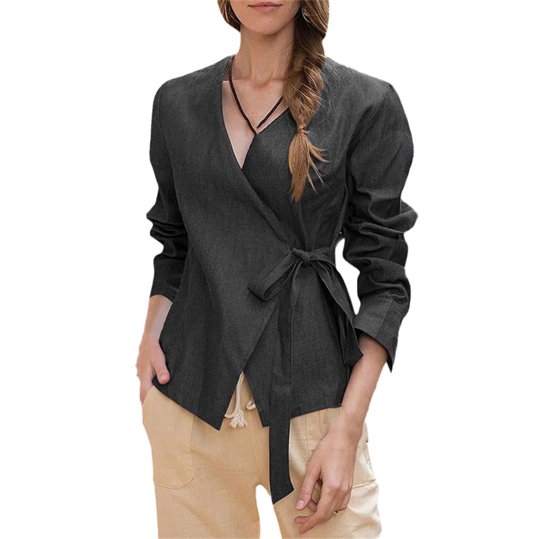 Women's Casual Long Sleeve V-Neck Tunic Top - Loose Fit Lace-Up Blouse for Work | Oversized Solid Color Tops for Women | Perfect for Office, Date Night & Casual Outings