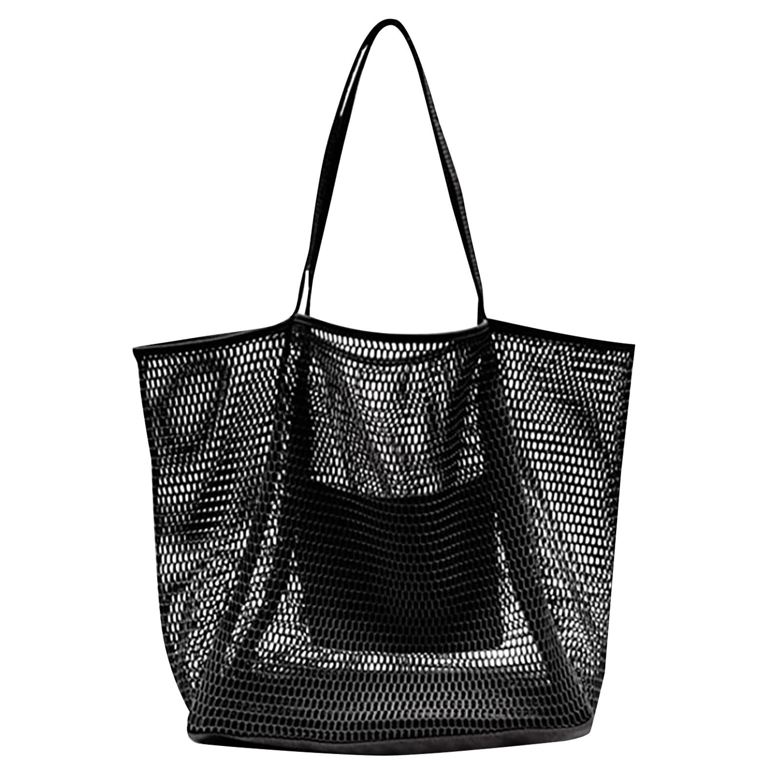 Women's Mesh Beach Tote Bag - Foldable Lightweight Waterproof Pool Swimming Travel Bag with Charging Cord - Perfect for Vacation, Summer Outings & Beach Trips (Black, One Size)