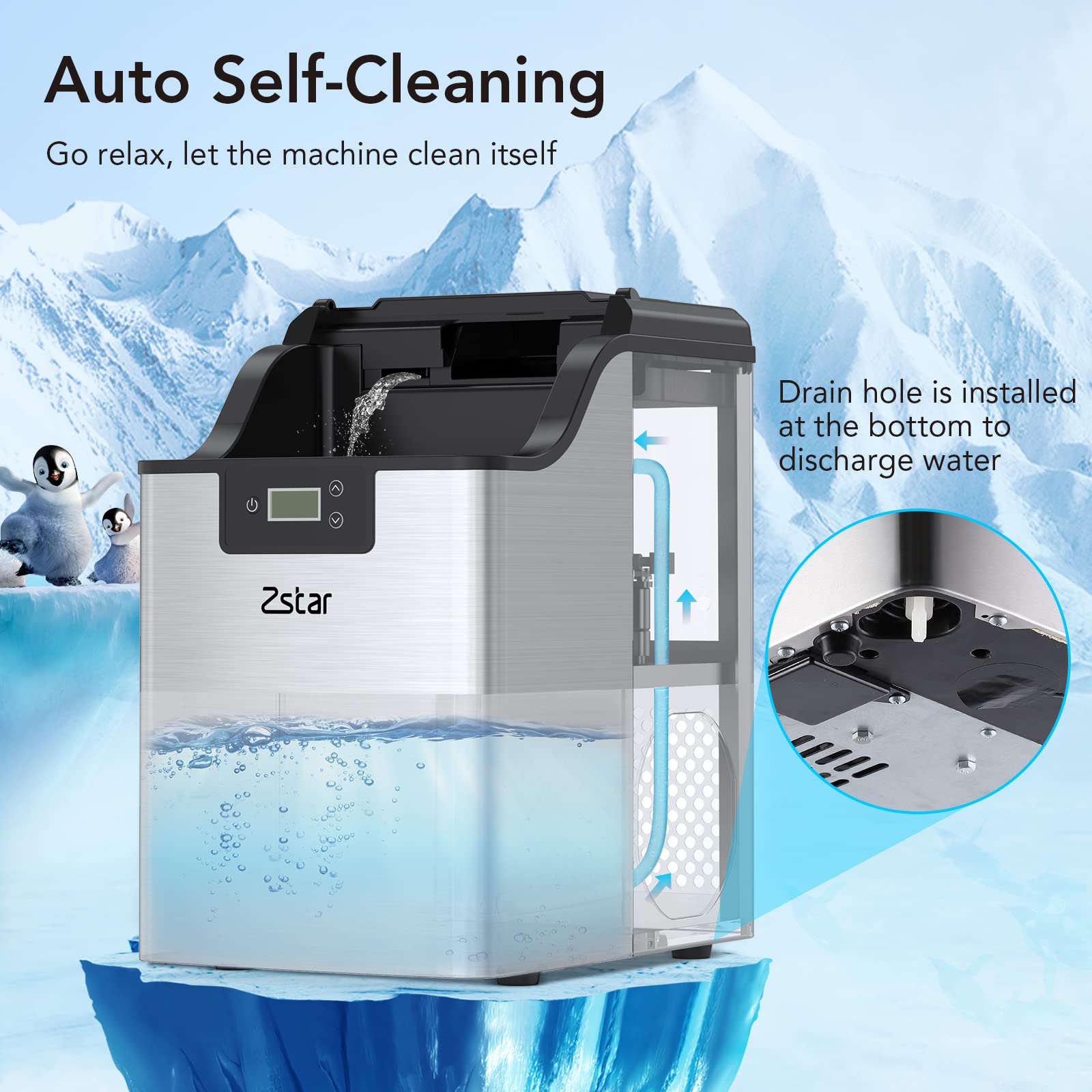 Zstar Nugget Ice Maker - 44Lbs/24H Stainless Steel Countertop Ice Machine with Self-Cleaning Function | Crunchy Sonic Ice for Cocktails, Sodas & Beverages | Portable Ice Maker with Scoop for Home, Office, Bar & Outdoor Parties