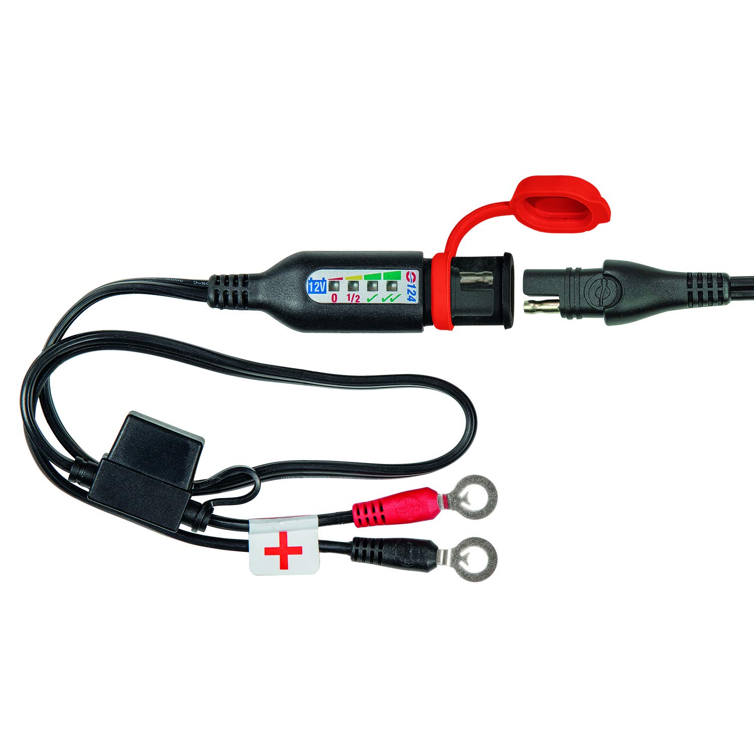 Optimate O-124JAR 12V Lead-Acid Battery Charger with Built-in Monitor - Permanent Power Sport Battery Lead with Charge Status Display for Motorcycles, ATVs, Boats & Powersports Vehicles - Ideal for Winter Storage & Maintenance Charging