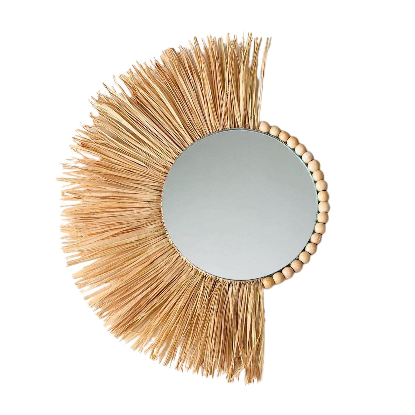 40cm Natural Woven Straw Wall Hanging Mirror - Handmade Boho Decor for Bedroom, Living Room & Entryway - Half Moon Design Left Side