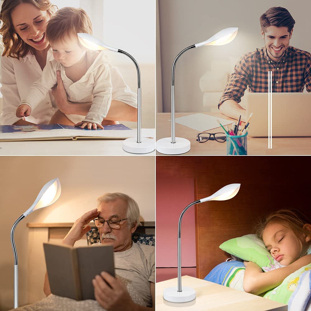 DLLT Minimalist White Table Lamp - Dimmable LED Desk Lamp with 3 Light Modes, Touch Control & 360° Adjustable Neck | Eye-Caring Reading Light for Office, Study, Bedroom, Dorm | USB Powered Nightstand Lamp for Work, Reading & Relaxation