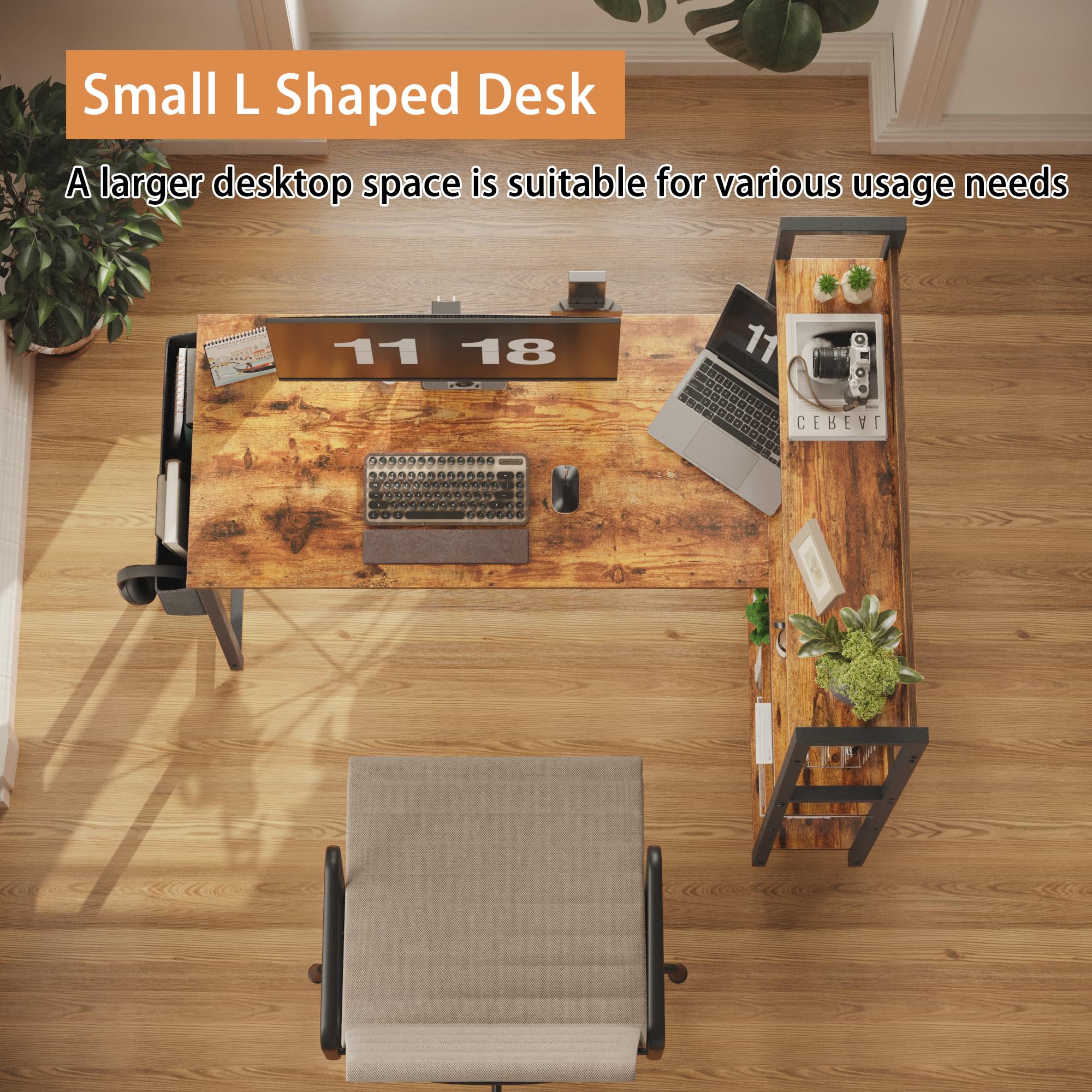 **Treesland 47 Inch L-Shaped Computer Desk with Bookshelf & Storage - Home Office Corner Desk for Study, Writing & Work - Perfect for Bedroom, Office & Small Spaces (Brown)**