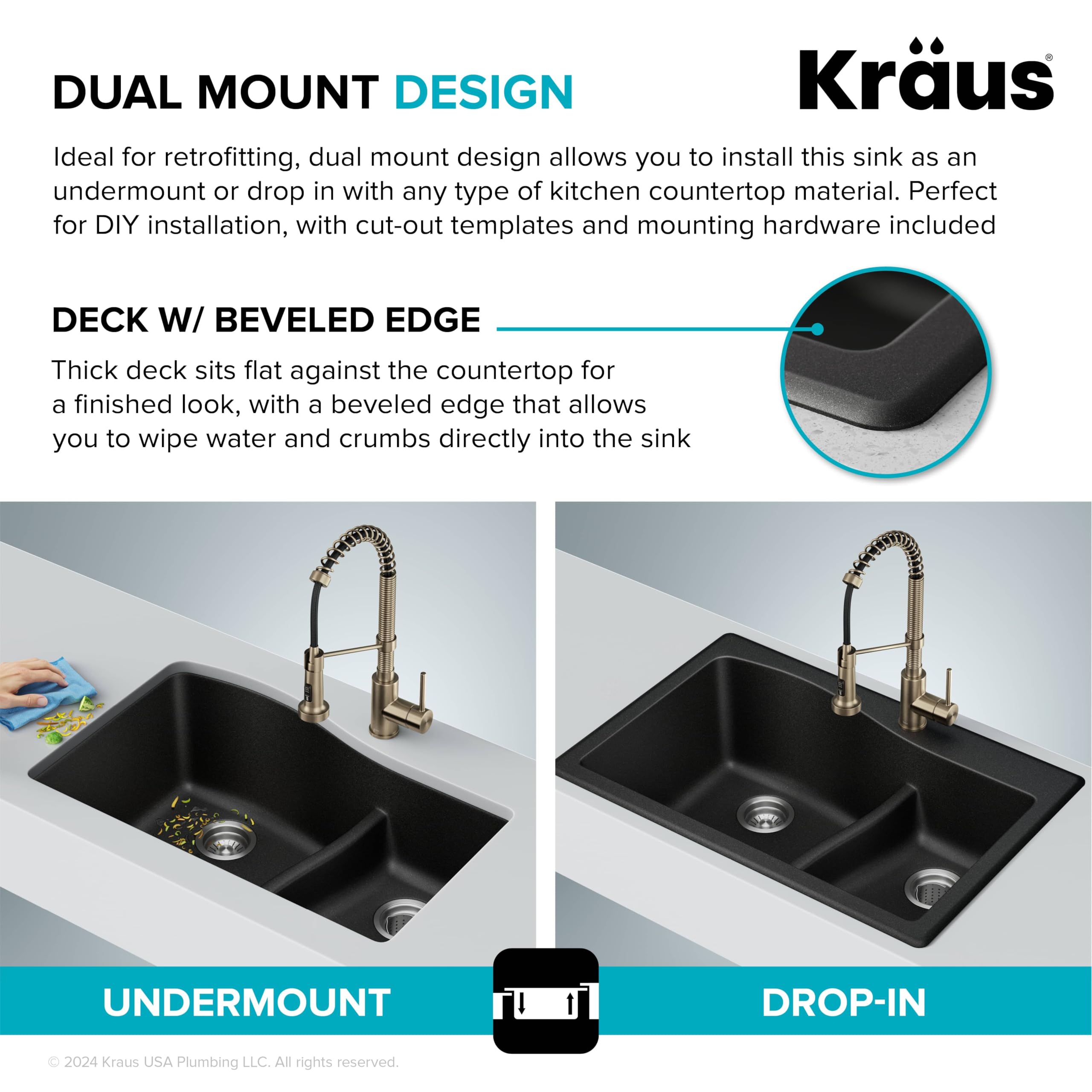 KRAUS Quarza 33-inch Drop-In/Undermount 60/40 Double Bowl Granite Composite Kitchen Sink in Gray - Durable & Stylish for Modern Kitchens, Perfect for Meal Prep and Cleanup (Model KGD-442GREY)