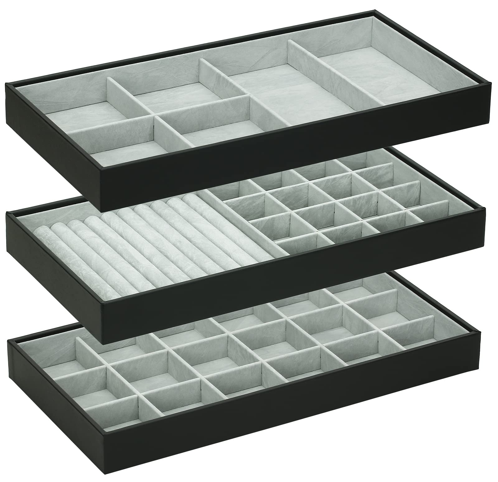 Stackable Jewelry Organizer Trays - 3-Piece Set for Necklaces, Rings & Earrings | Closet & Dresser Drawer Storage | Perfect for Accessories, Gadgets & Cosmetics | Display Showcase Holder Box for Bedroom & Vanity Organization