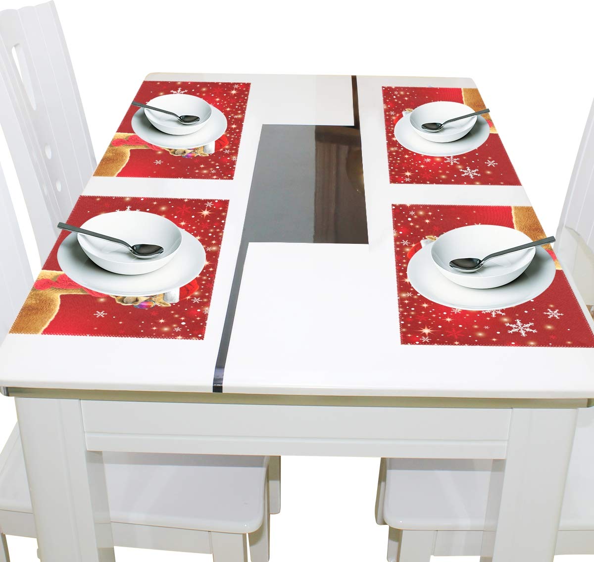 MOYYO Christmas Llama Alpaca Red Placemats - Set of 4 Heat-Resistant Non-Slip Polyester Table Mats, Washable & Easy Clean for Dining & Kitchen Decor | Perfect for Holiday Parties, Family Gatherings & Festive Table Settings
