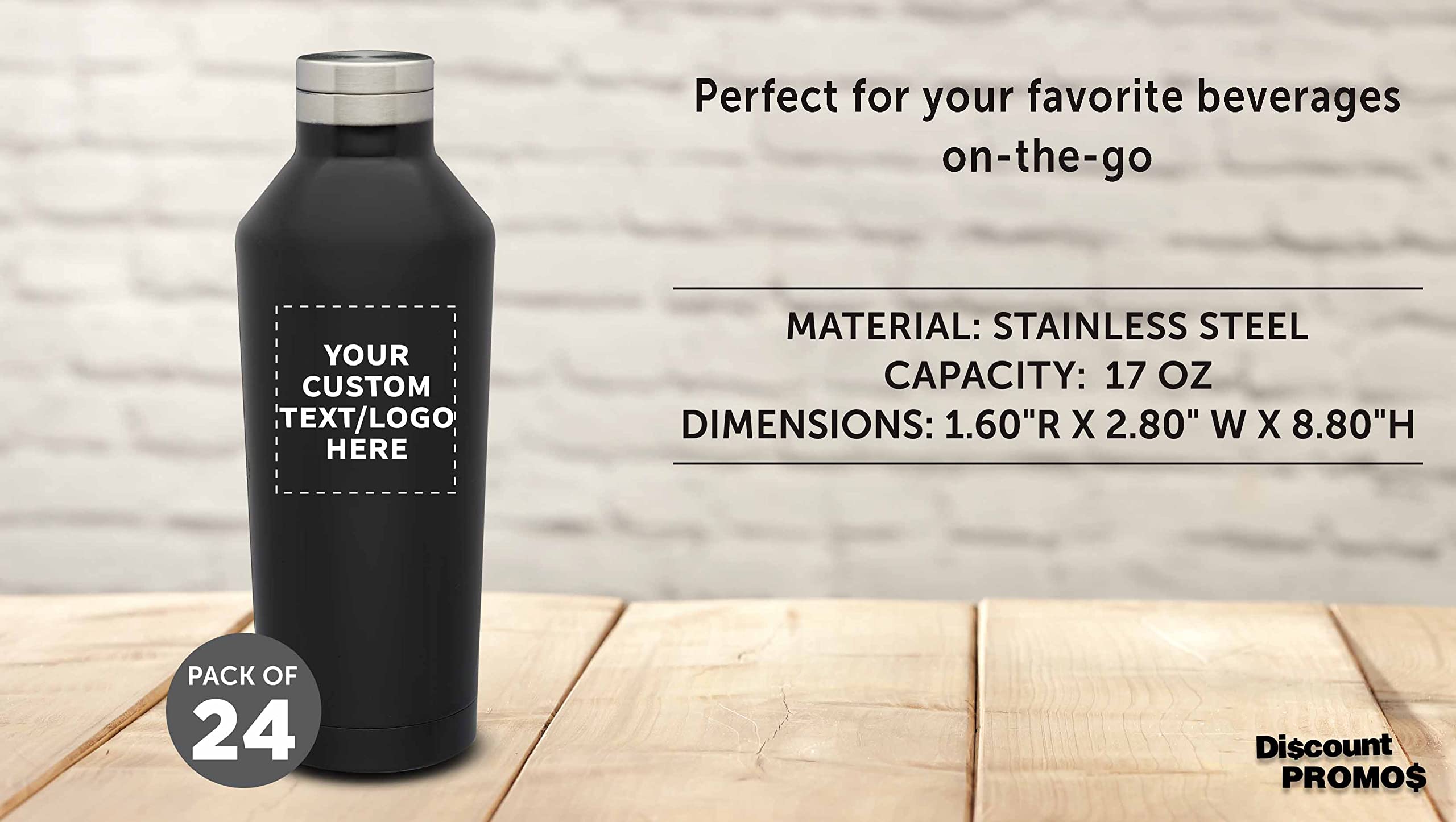 24-Pack Custom Stainless Steel Water Bottles 17oz - Double Wall Insulated Bulk Set for Hot & Cold Drinks - Personalized Black Travel Mug for Office, Gym, Camping & Outdoor Activities