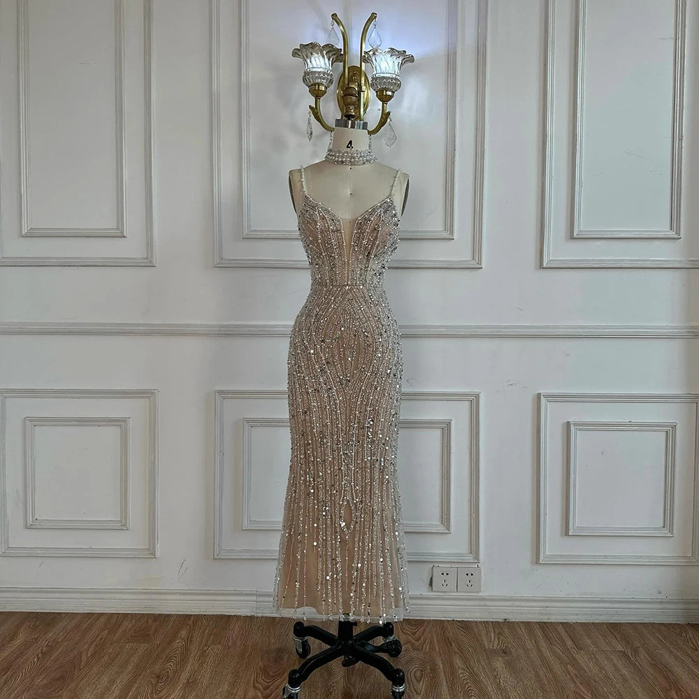 Elegant White Beaded Mermaid Evening Gown with Spaghetti Straps - LA72047D for Prom, Wedding, and Formal Events
