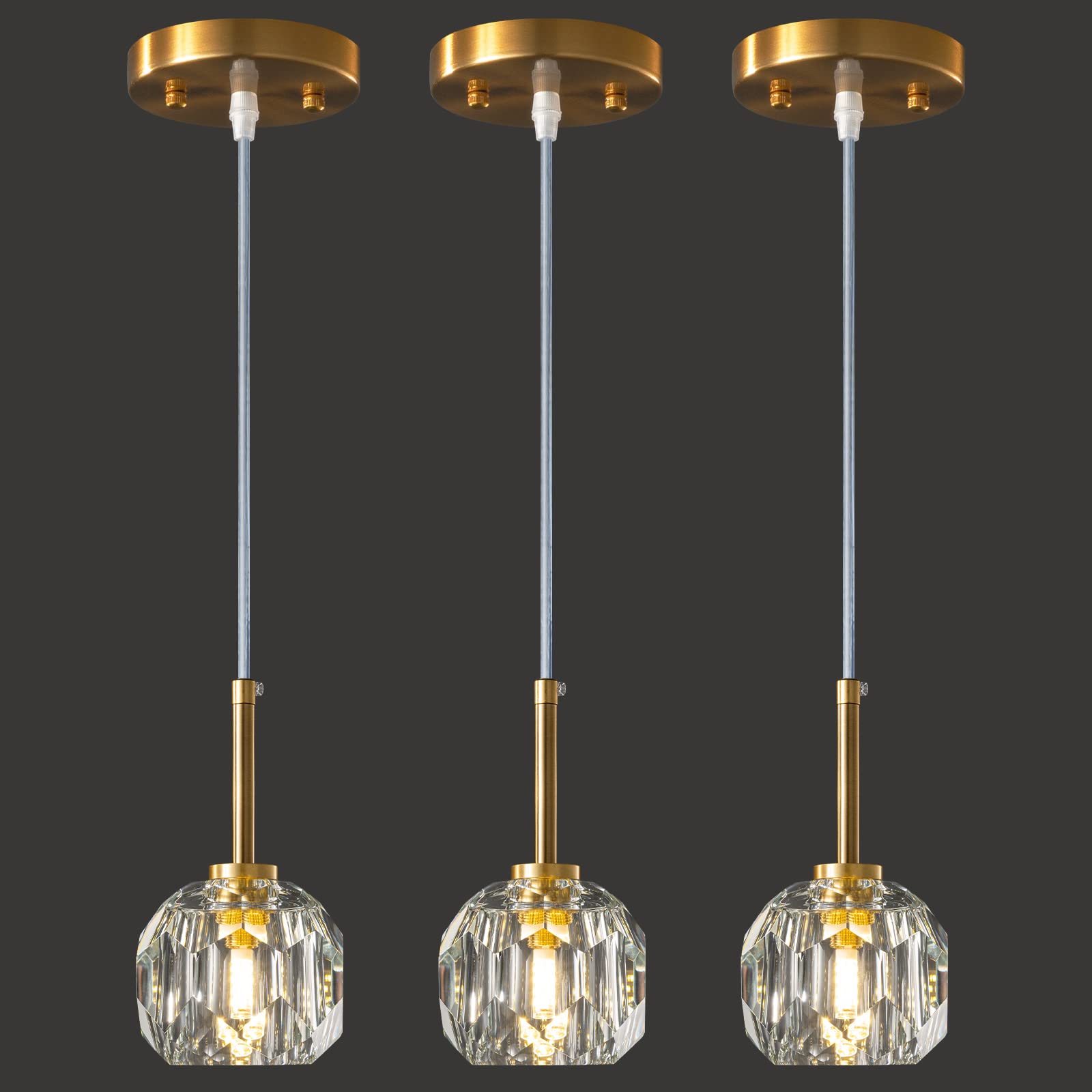 LMQNINE Mini Crystal Gold Pendant Lights - 3 Pack Adjustable Modern Chandelier Lighting Fixtures for Kitchen Island, Dining Room, Bedroom & Living Room - Perfect for Home Decor, Restaurant, Cafe and Office Lighting