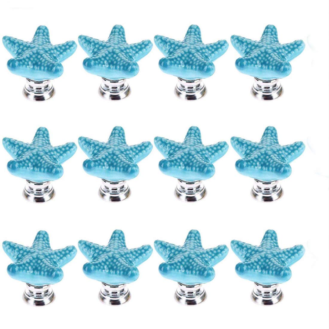 12 Pack Blue Ceramic Starfish Drawer Pulls - Beach & Ocean Theme Cabinet Knobs for Nursery, Dresser, Wardrobe & Kitchen Decor - Durable & Stylish Hardware for Coastal Home Design