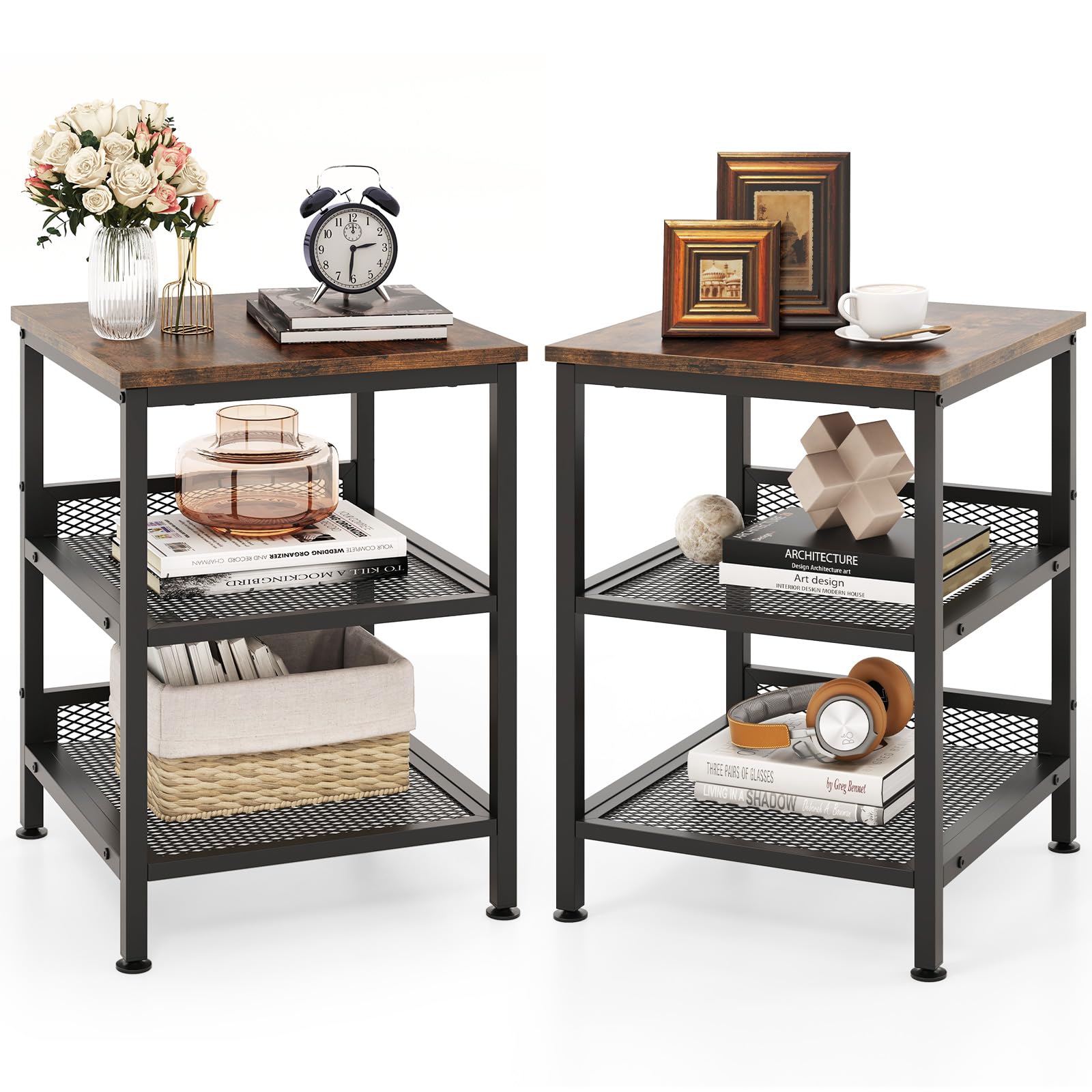 Giantex 2-Pack 3-Tier Industrial End Tables with Mesh Storage Shelves - 16