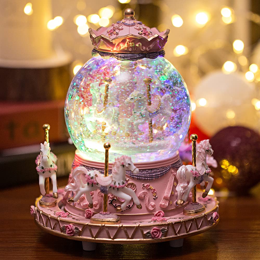 Romantic Musical Carousel Horse Snow Globe with Colorful Lights - Perfect Christmas & Birthday Gift for Girls, Women, Kids, Sisters, Daughters, Moms & Grandmas | Home Decor, Nursery Room, Wedding Favors, Holiday Decorations