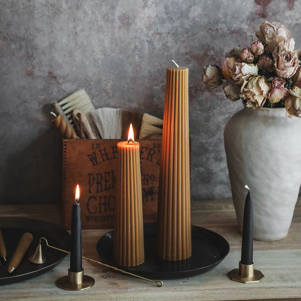 Handmade Beeswax Fluted Pillar Candles - Natural Unscented 10