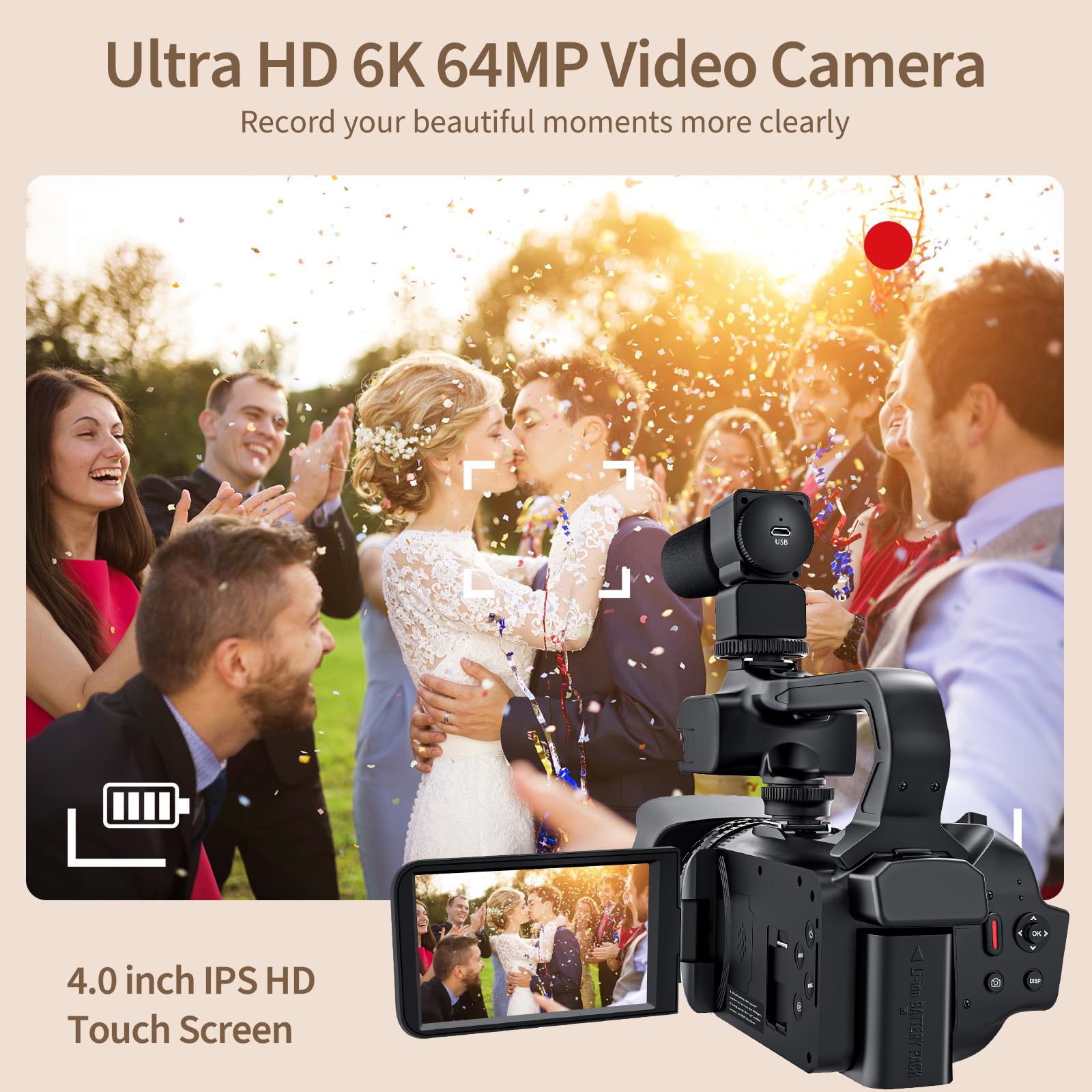 6K 64MP Digital Video Camera Camcorder with 18X Zoom, IR Night Vision & WiFi - 4.0