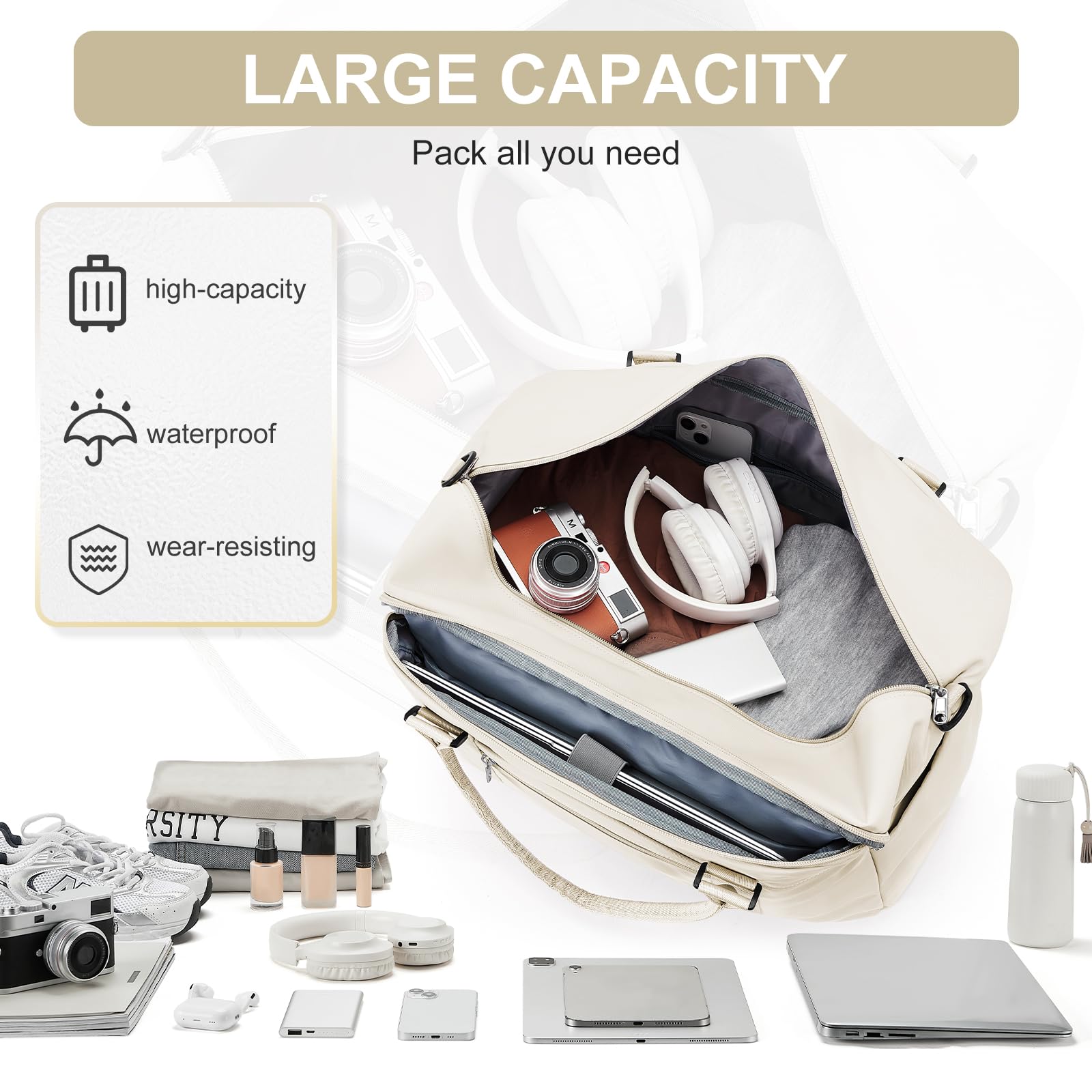 Stylish Travel Duffle Bag for Women & Men - Water-Resistant Weekender Overnight Bag with Laptop Compartment & Wet Pocket - Perfect Carry-On Luggage for Gym, Hospital, Labor & Delivery - Beige | Ideal for Weekend Getaways, Business Trips & Sports Activities