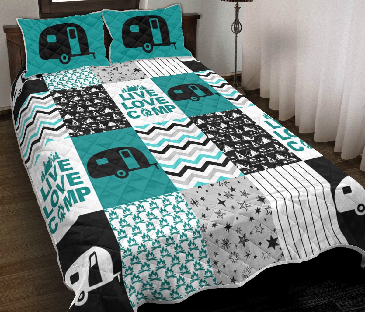 Camping Themed Quilt Set - Queen Size 80x90 Inches - Outdoor Adventure Bedding for RV, Camper & Home Decor - Cozy Camper Comforter with Nature-Inspired Design - Perfect for Camping Trips & Cabin Retreats